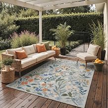 GENIMO Indoor Outdoor Area Rug 6'x9', Machine Washable Rugs for Patio, Waterproof, Non-Slip Easy Cleaning Wild Flowers Outdoor Mat Carpet for Living Room, Bedroom, RV, Balcony, Deck, Dusty Blue