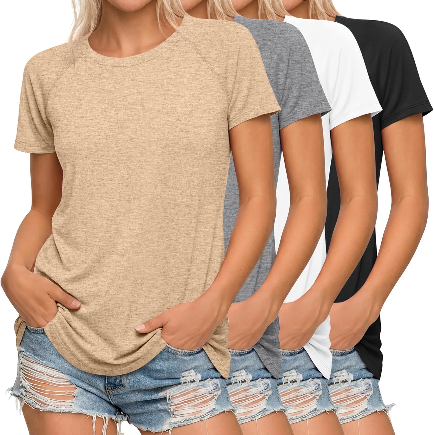 Huukeay 4 Pack Women's Short Sleeve T Shirts, Casual Raglan Summer Tunic Tops Crewneck Loose Side Split Hem Workout Tee Shirt