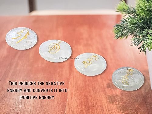 Miniatura 5 de Amazing Gemstone Piedras de Reiki de cristal de cuarzo transparente con símbolos grabados para curación de Reiki Usui, juego de 4 piezas (juego de