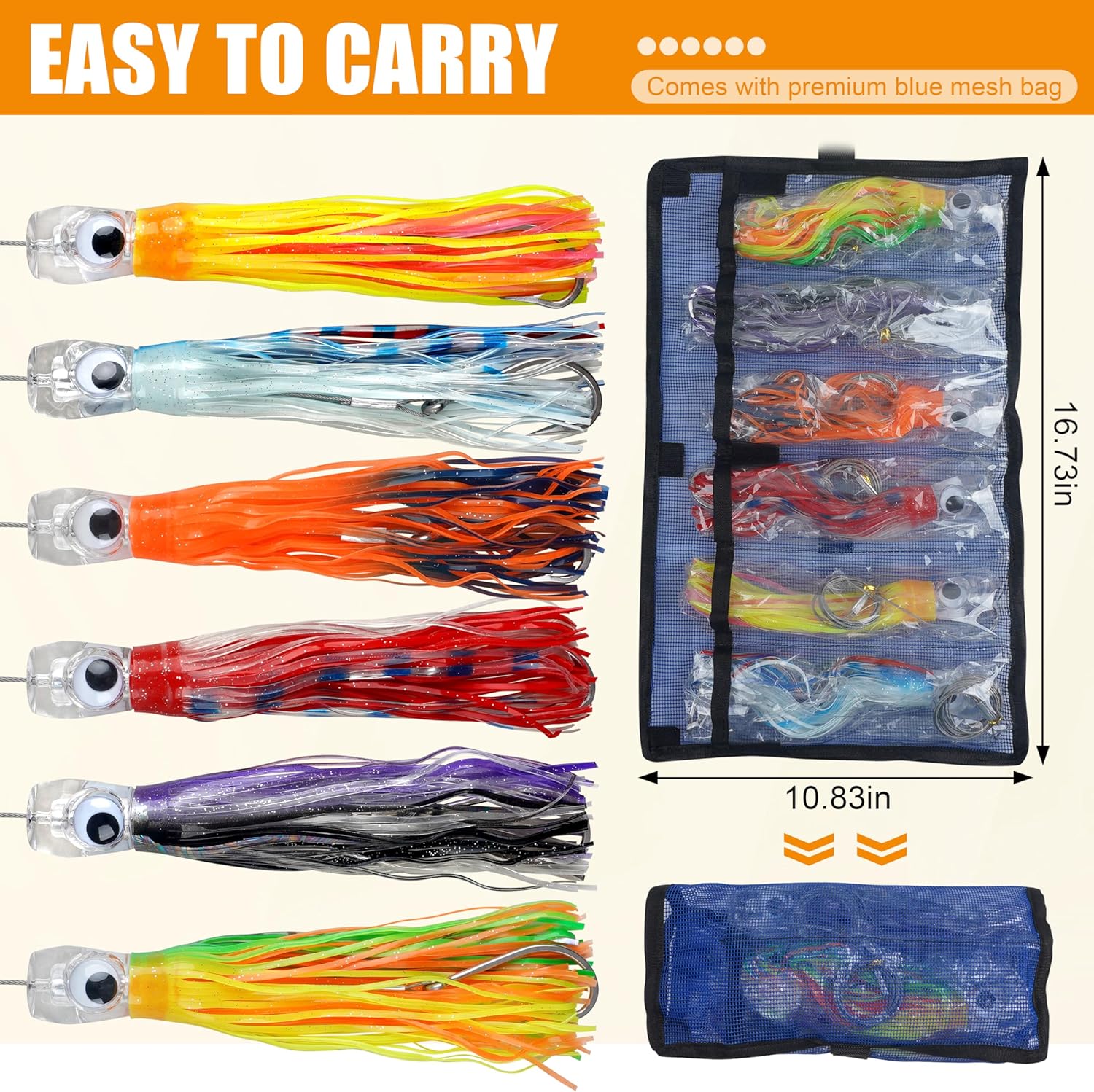 Trolling Lure Saltwater, 6/9inch Big Game Trolling Lures for Marlin Mahi Tuna Dolphin Shark Deep Sea Fishing Lure Baits Rigged Squid Skirt Leader Hooks