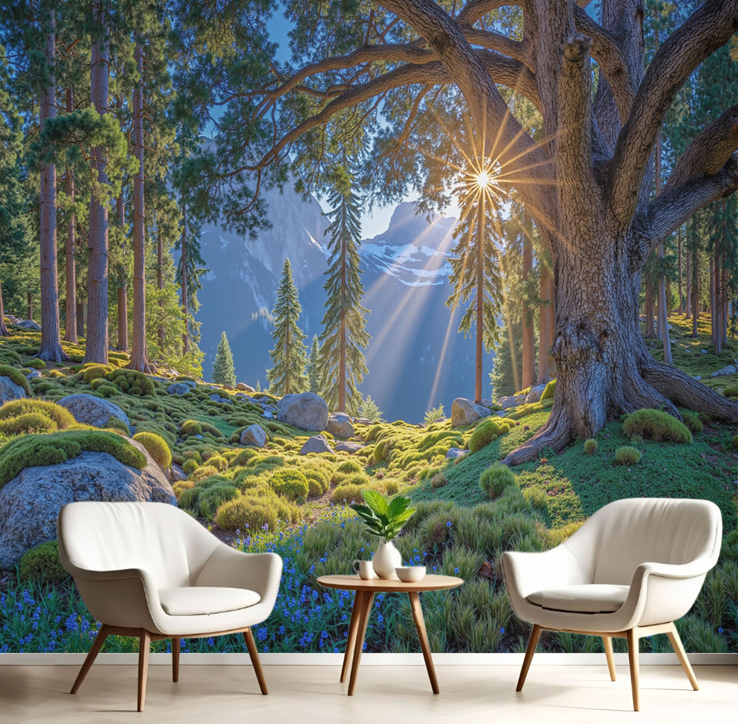 Papier peint panoramique vert émeraude 250X175 cm au design paysage forestier