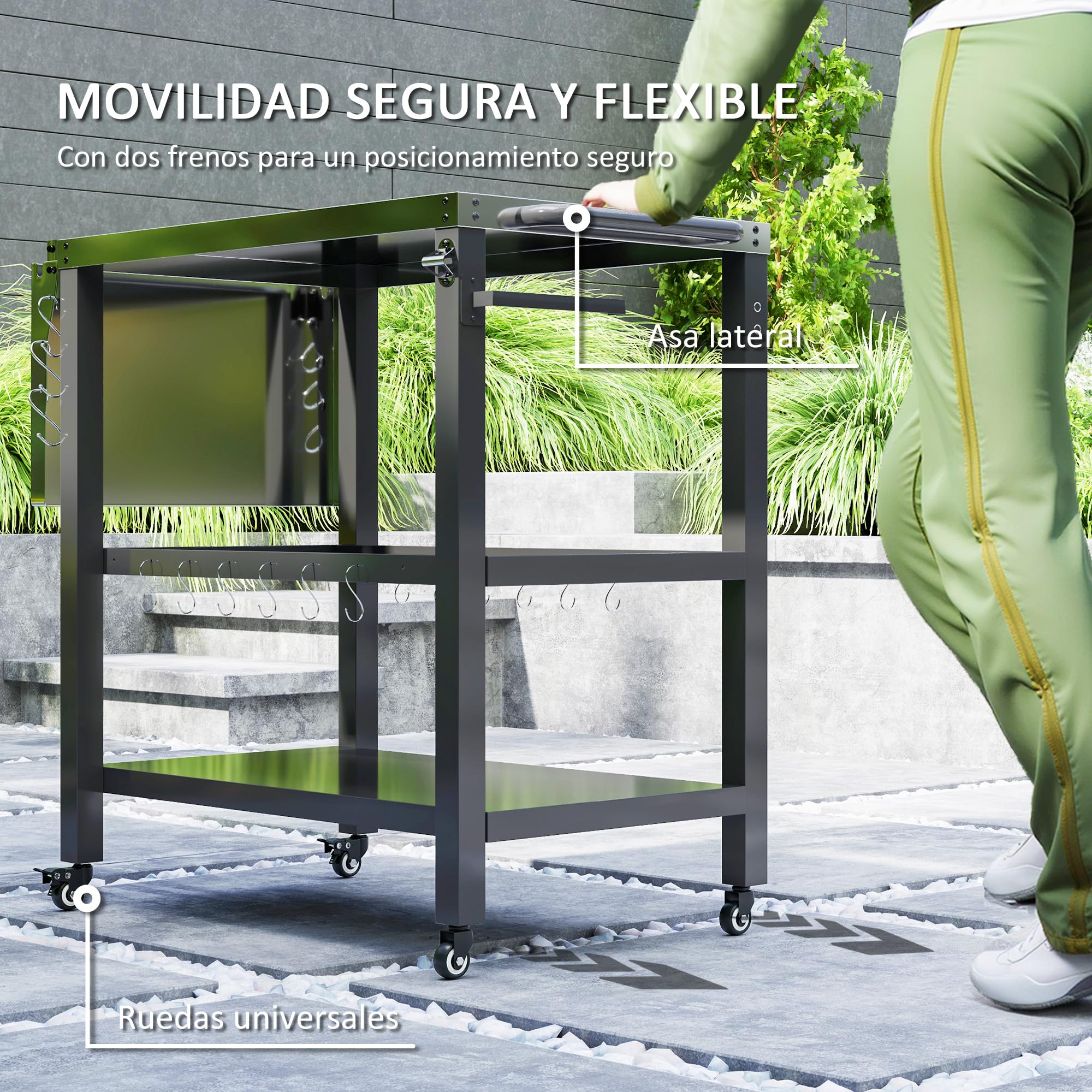 Outsunny Carrito de Parrilla de 3 Niveles Carrito de Barbacoa Carro de Servicio con Ruedas Estantes Encimera de Acero Inoxidable Lateral Plegable y Asa Mesa de Horno de Pizza para Jardín Patio Negro
