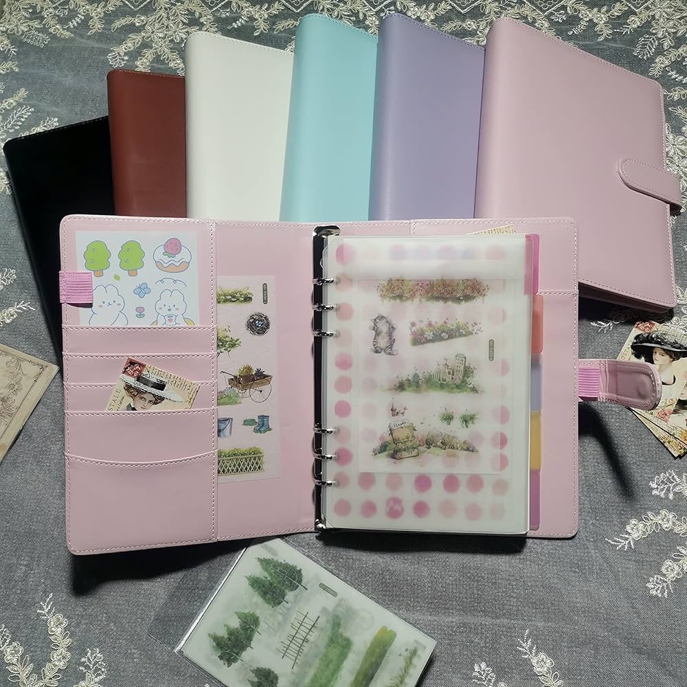 バインダー A5 PUレザー6リング ノート カバー ピンク 手帳 鍵付き ダイヤルロック ノート 手帳 レザーカバー リング