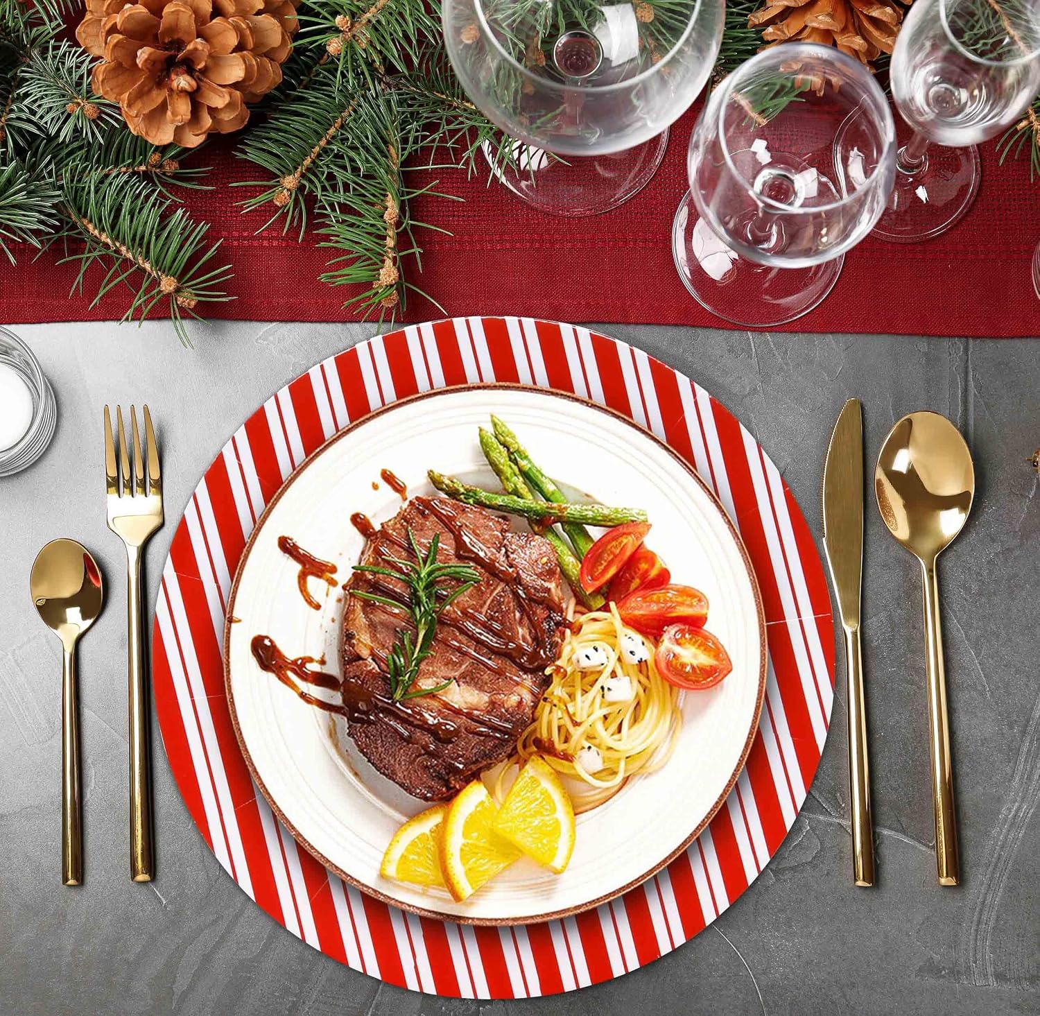 24 Pack Christmas Candy Cane Charger Plates, Red and White Striped