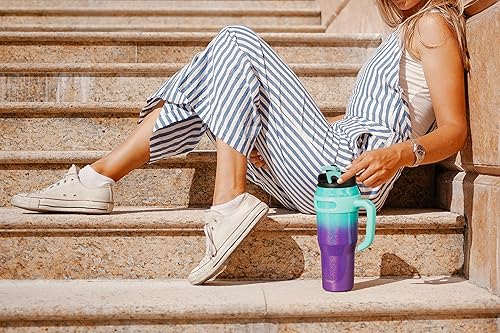 Miniatura 7 de Zibtes Vaso aislado de 40 onzas con asa y popotes de tapa, apto para portavasos de café de viaje de acero inoxidable, botella de agua metálica que