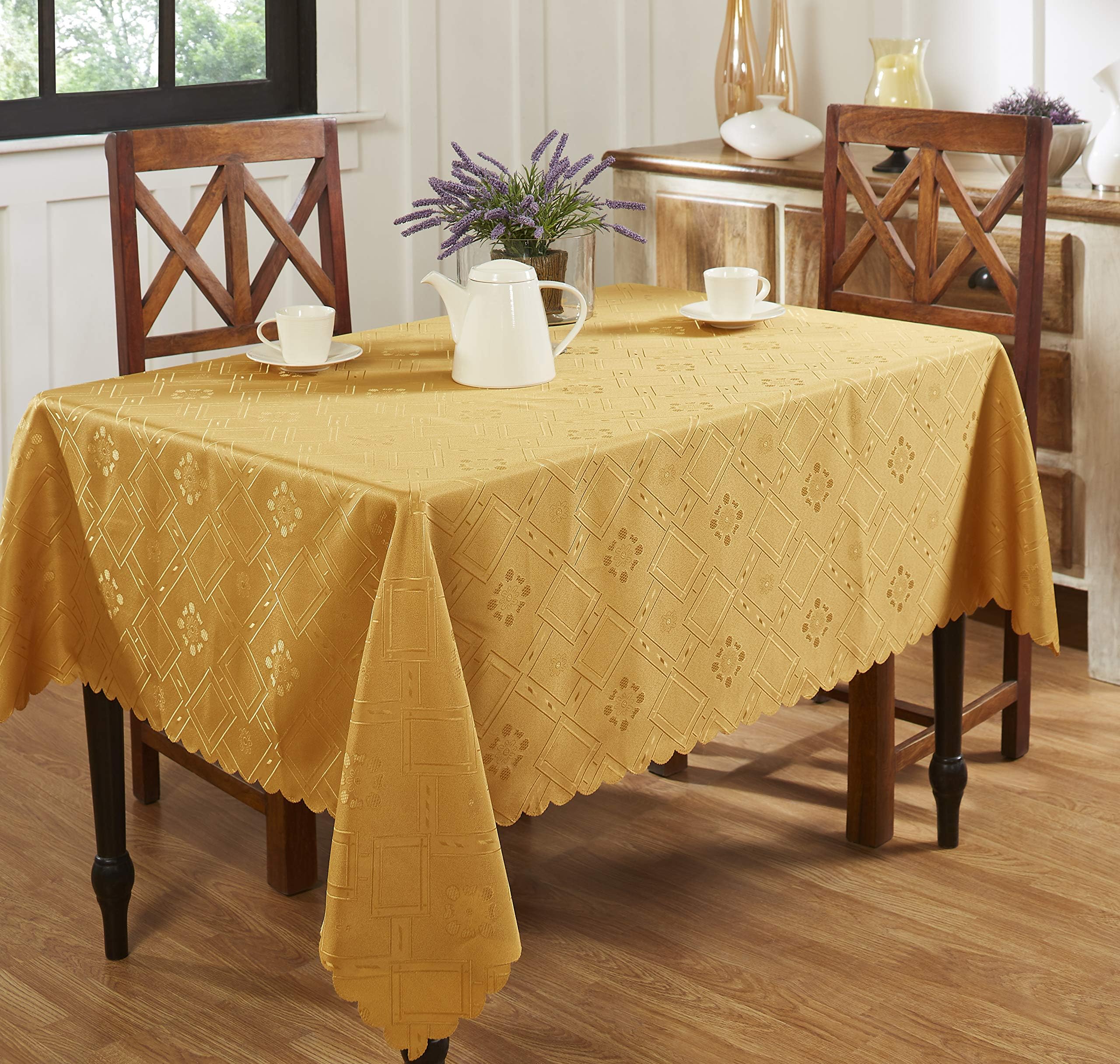 Homewards Mustard Washable Geometric Design Jacquard Polyester 6 Seater Rectangle 135 cm x 175 cm Centre Dining Table Cover