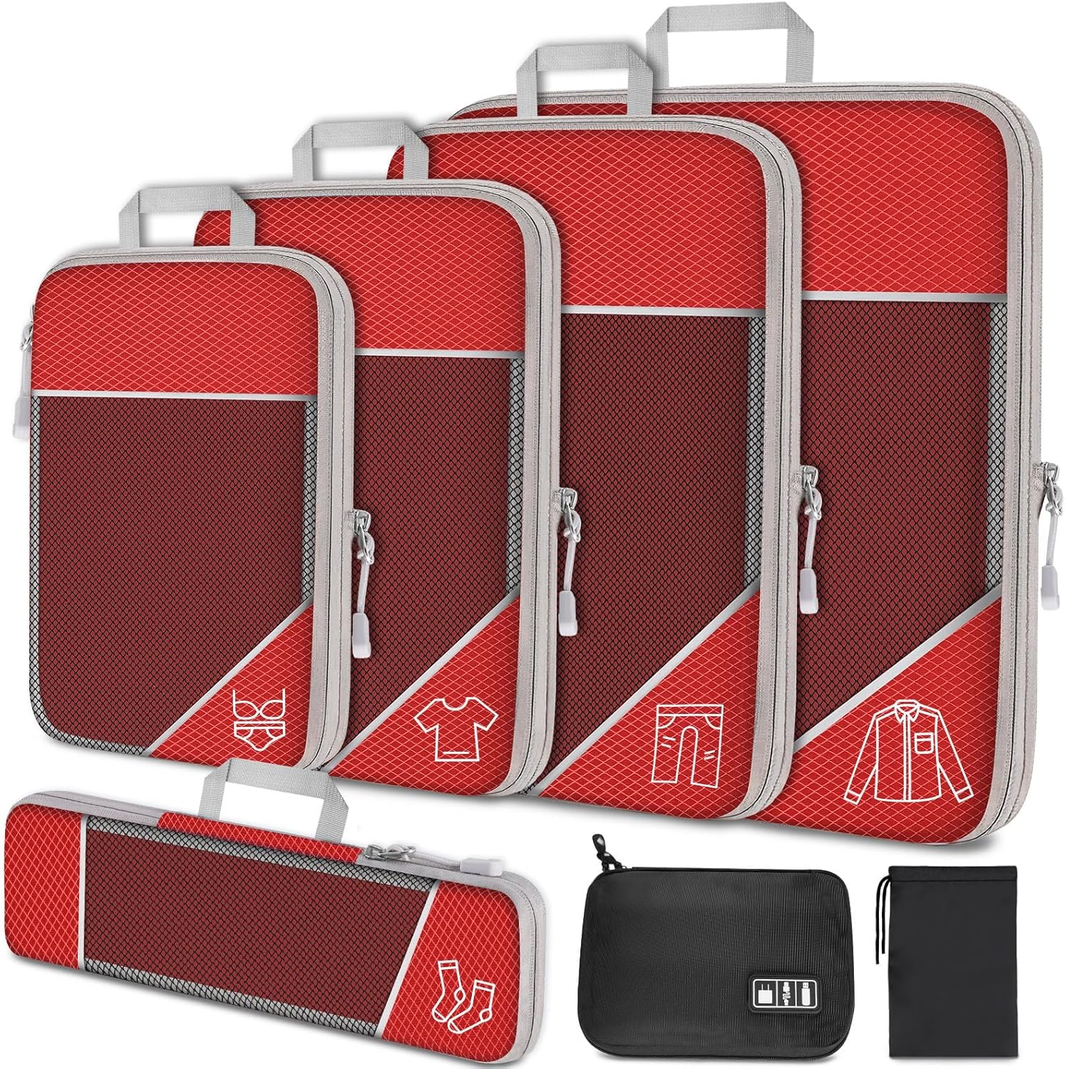 NiHome 7PCS Compression Packing Cube Set Expandable Mesh Travel Bag Luggage Organizers with Electronic Cable Cord Charger Organizer Drawstring Bag for Trip Home Storage Travel Gear Accessories (Black)