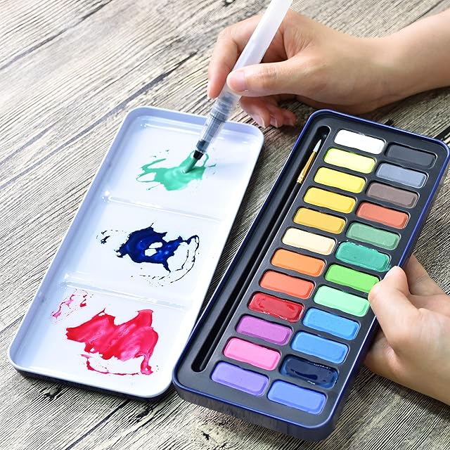 STATIONERY ISLAND Watercolour Paint Set Professional Painting Supplies Kit in Portable Travel Tin with Paintbrush and Mixing Palette, 24 Full Pan Sketchers' Pocket Box for Artists Adult Beginners