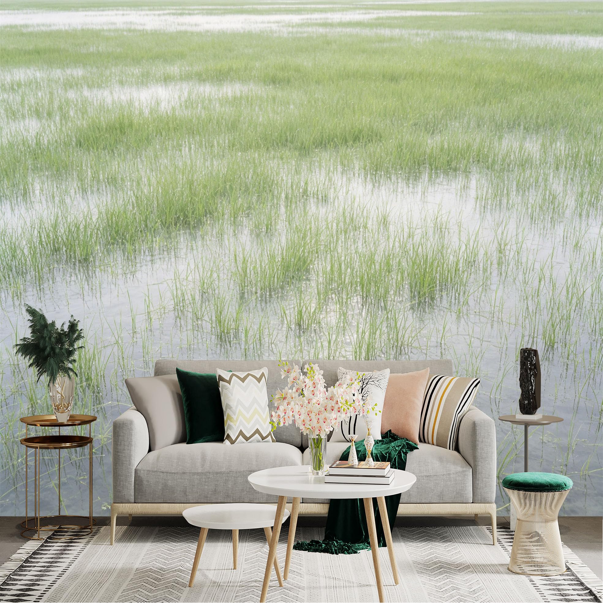 Lnzczhyre Dbh260521817 Custom Size Wall Sticker Mural， Serene Paddy Field， Lush Water Surface， Wetland Landscape， Peaceful Nature Scenery， For Wall Decoration， Peelandstick Wall Decals.