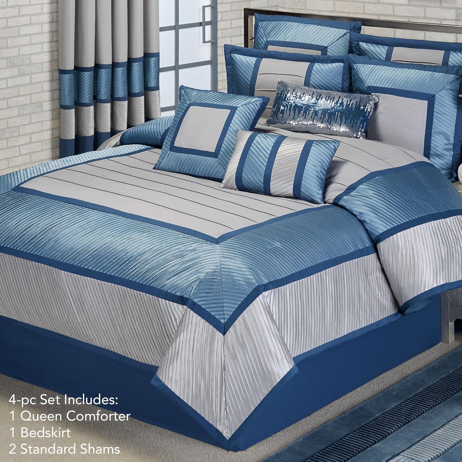 Beta Contemporary Luxury Bedding | Washable | Sophisticated | Blue Shadow, Stone, Dark Blue | Silky Polyester Satin | Pleated | 4 Piece Queen Bed Set: Queen Comforter, 2 Standard Shams, and Bedskirt