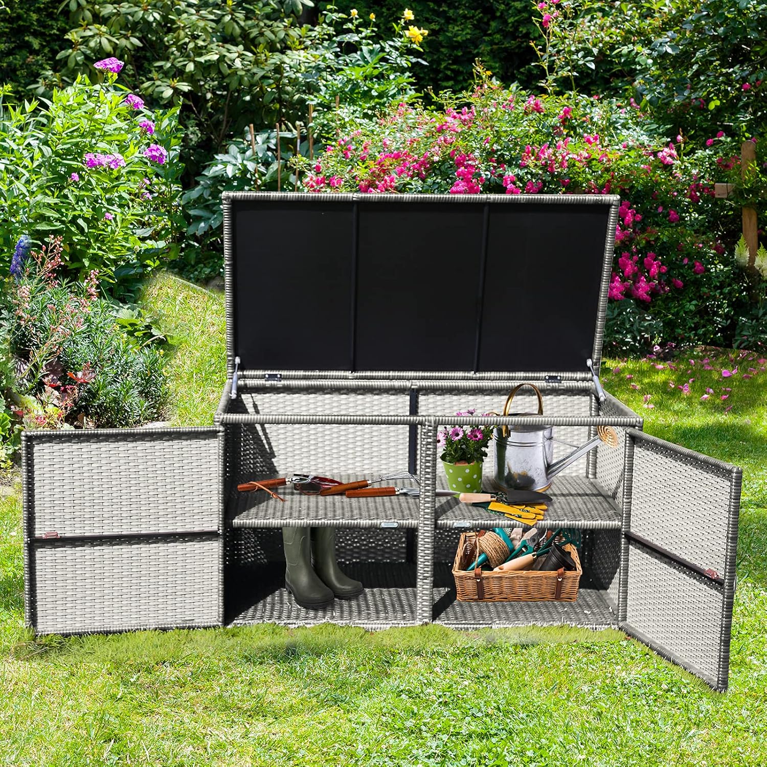 HAPPYGRILL Deck Box Outdoor Patio Pool Storage Box Outside Rattan Wicker Storage Bin Cabinet with Steel Frame Shelf for Garden Balcony Porch Yard Furniture Tools