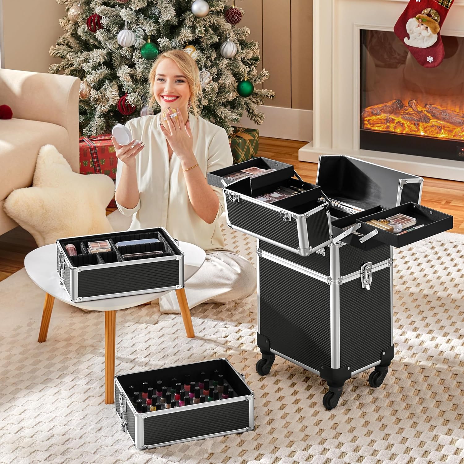 Yaheetech Professional Makeup Train Case 5 in 1 Cosmetology Case on Wheels Aluminum Beauty Travel Case Rolling Cosmetic Organizers & Storage Black