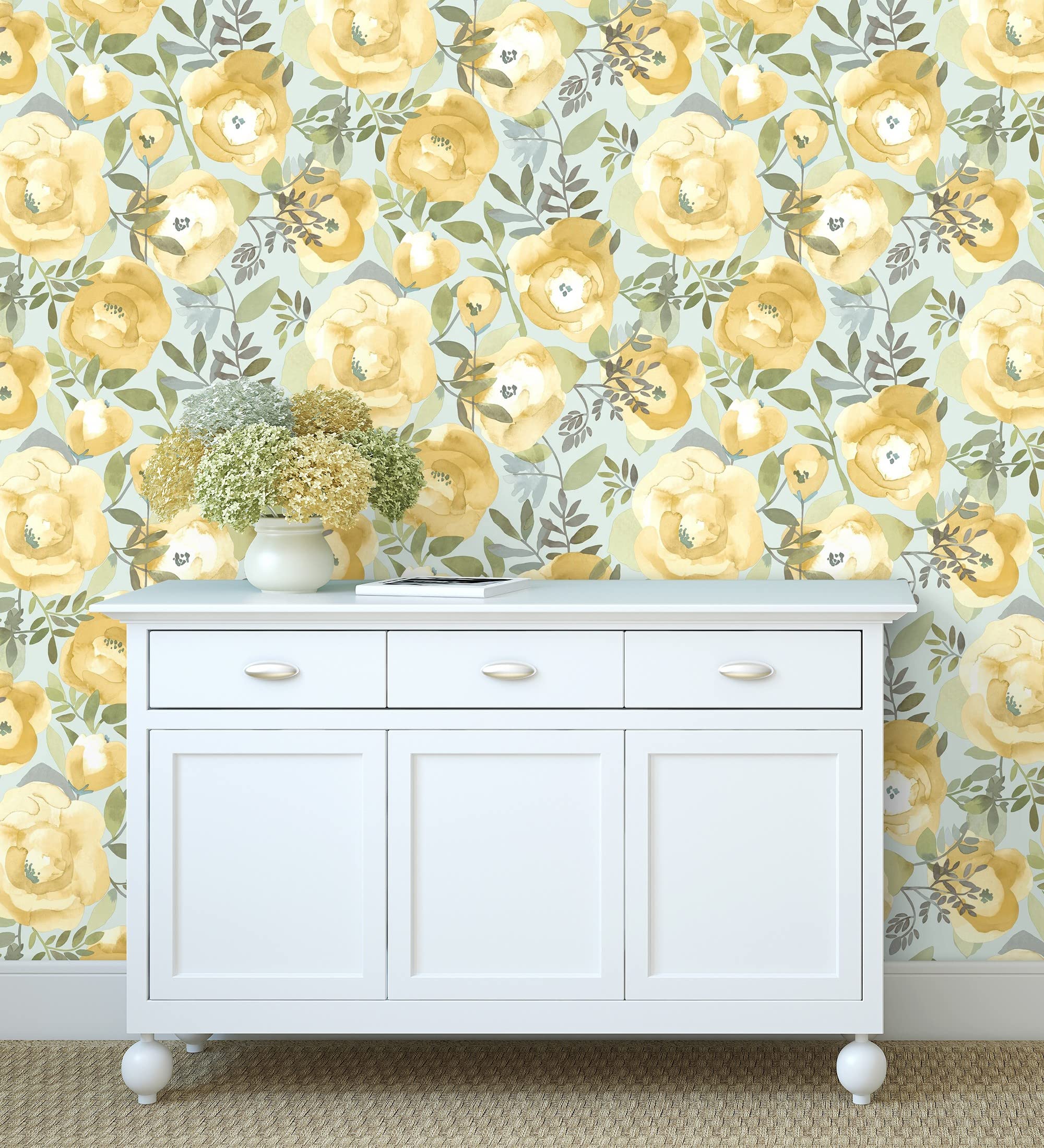 Papier peint vinyle fleurs jaune aquarelle meuble cuisine salle à manger