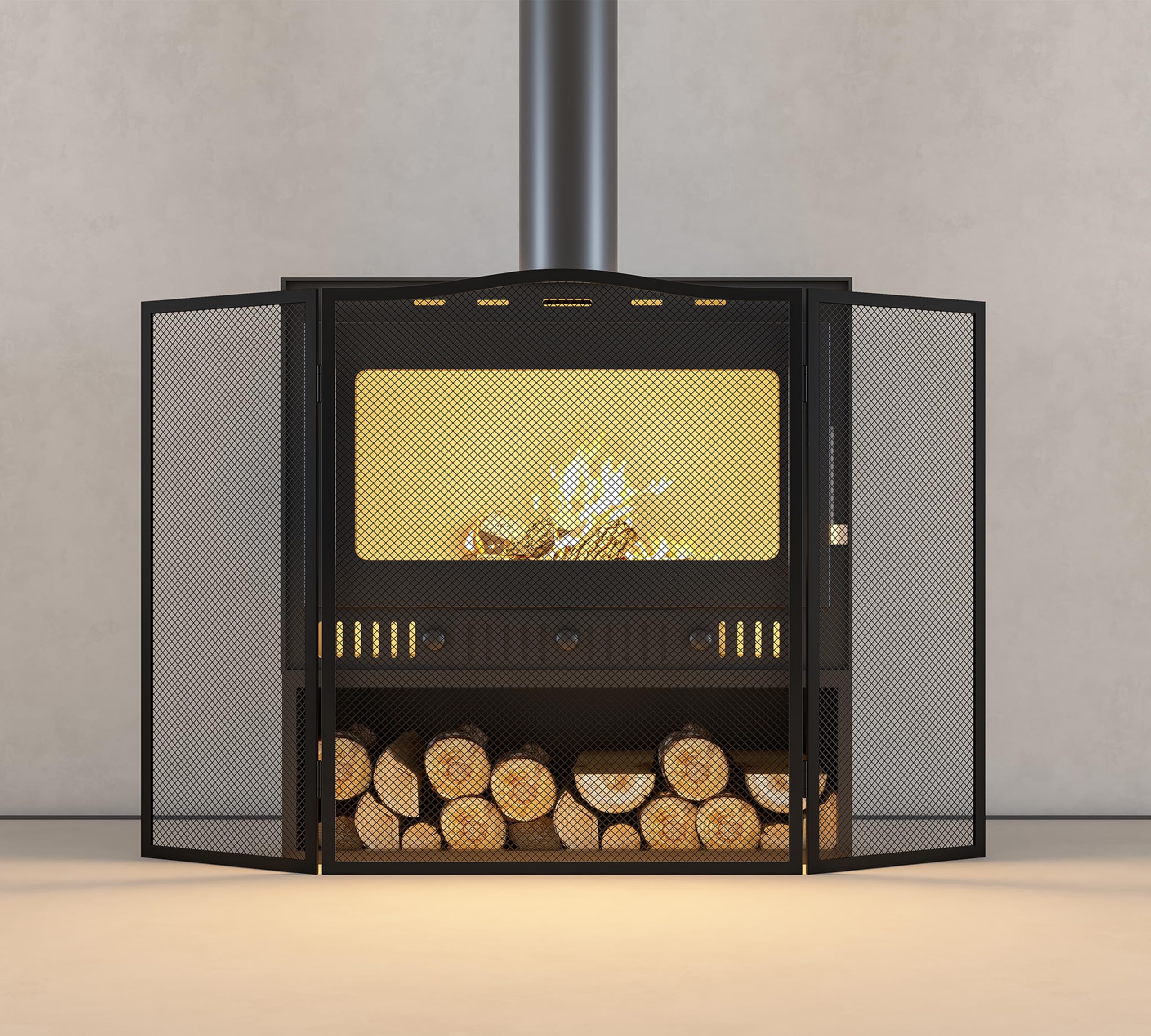 Pare-étincelles 3 panneaux écran plat fer arche supérieure 96,5 cm x 61 cm maille robuste cheminée ouverte revêtement poudre noire