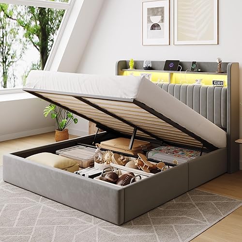 Queen Size Lift Up Storage Bed Frame/LED Lights/Charging Station/2-Tier Shelves