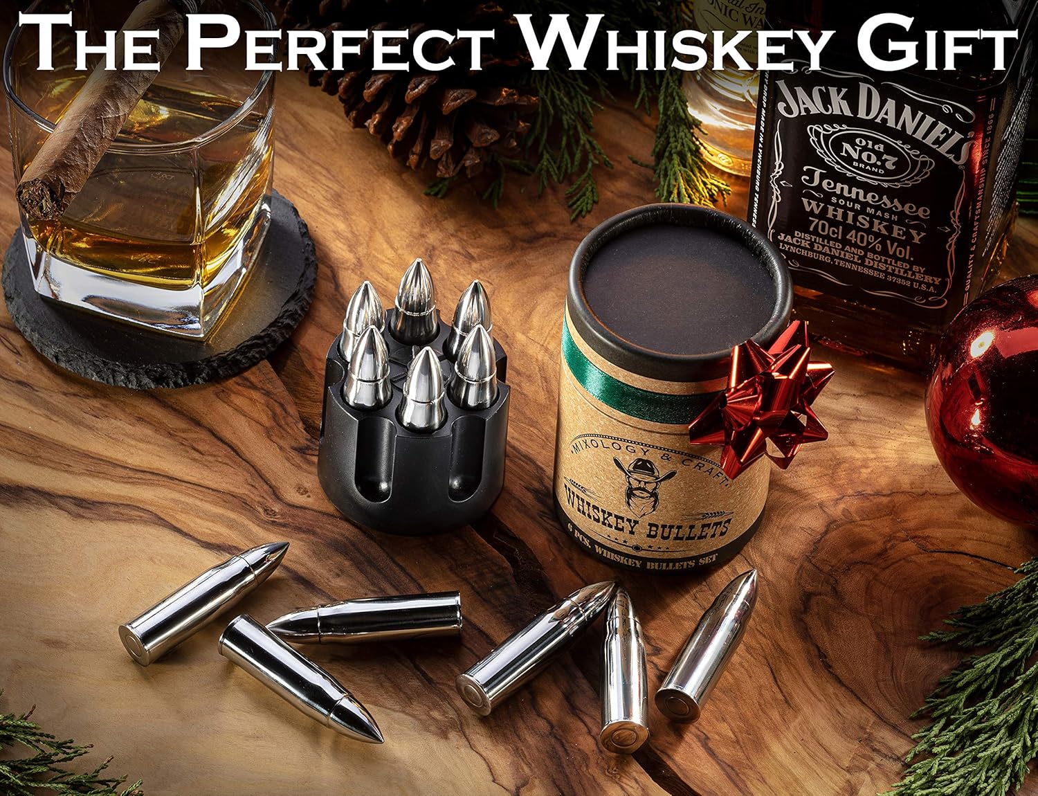 Best Cyber Deals 🔥 Whiskey Stone Bullets Gift Set - Stainless Steel Bullet shaped Whiskey Stones with Revolver Freezer Base, Reusable Bullet Ice Cube for Whiskey Gift Set for Men, Dad, Husband, Boyfriend(Silver)
