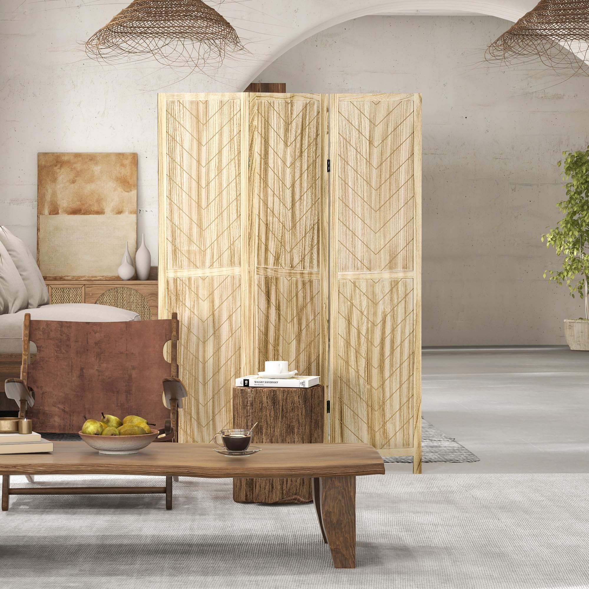 HOMCOM Paravento da Interno 3 Pannelli Pieghevole 120x170 cm Color Legno | a Spina di Pesce, Separé Divisorio Interno, in Legno
