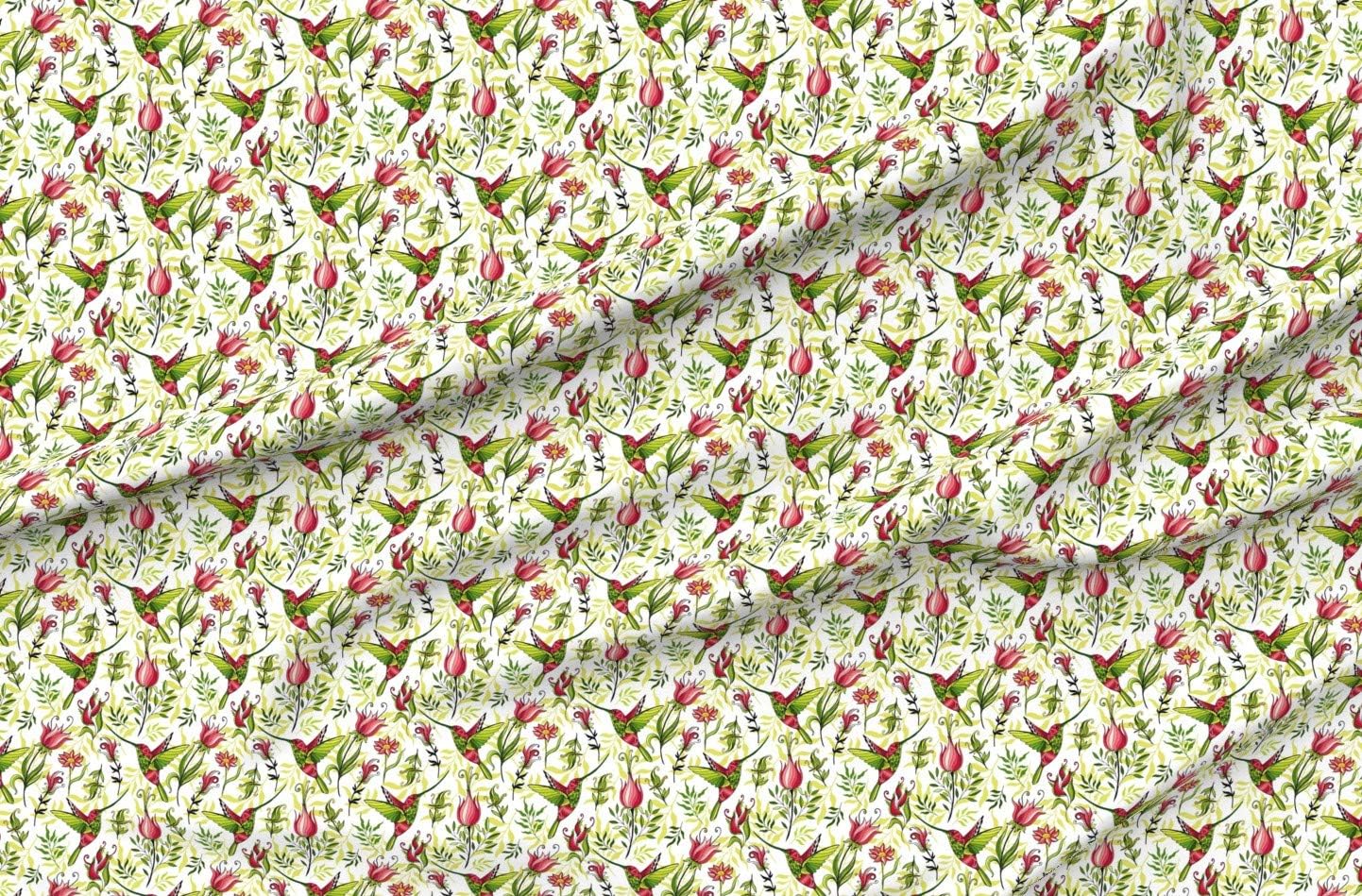 Spoonflower Fabric - Hummingbirds Flowers Birds Summer Branches Wild Wildlife Floral Printed on Organic Cotton Sateen Fabric by The Yard - Sewing Quilting Apparel Home Decor