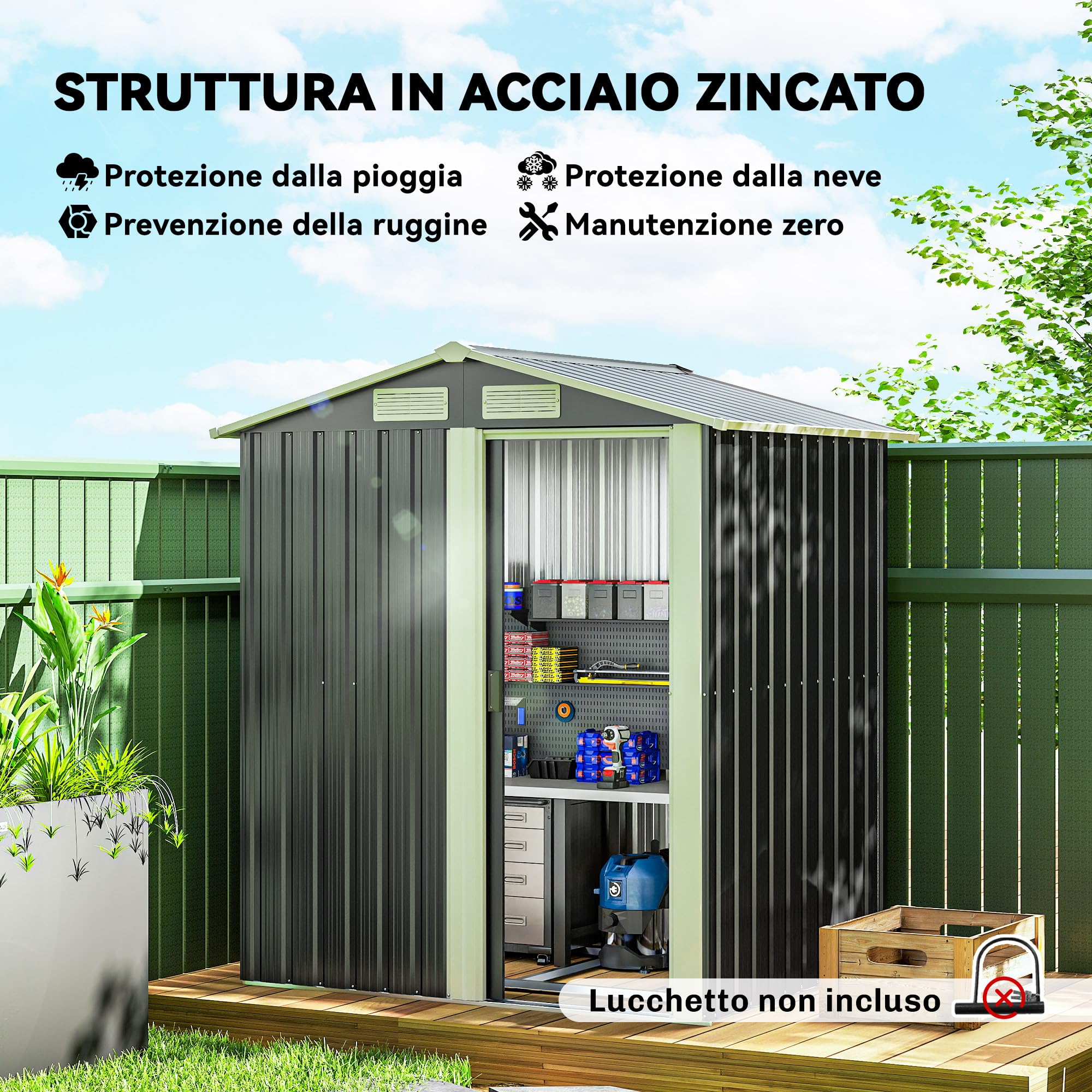 Outsunny Casetta da Giardino 1.7m² in Acciaio Zincato con kit Fondazione, Capanno da Giardino Porta Attrezzi con Tetto Inclinato, 4 Prese d'Aria, Porta Scorrevole, 152x132x188 cm, Grigio Scuro