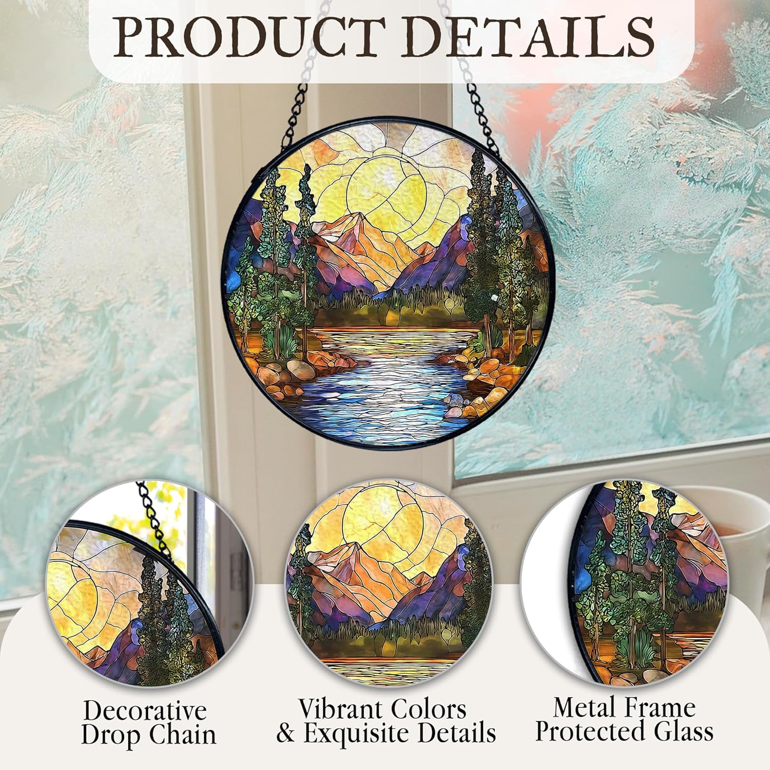 kdqua Mountain Suncatcher Stained Glass Window Hanging, Nature Sunset River Landscape Sun Catchers Indoor Window Glass Round Wall Decor, Mountain Wall Art Hanging Decorations Statues, 7.9x7.9in