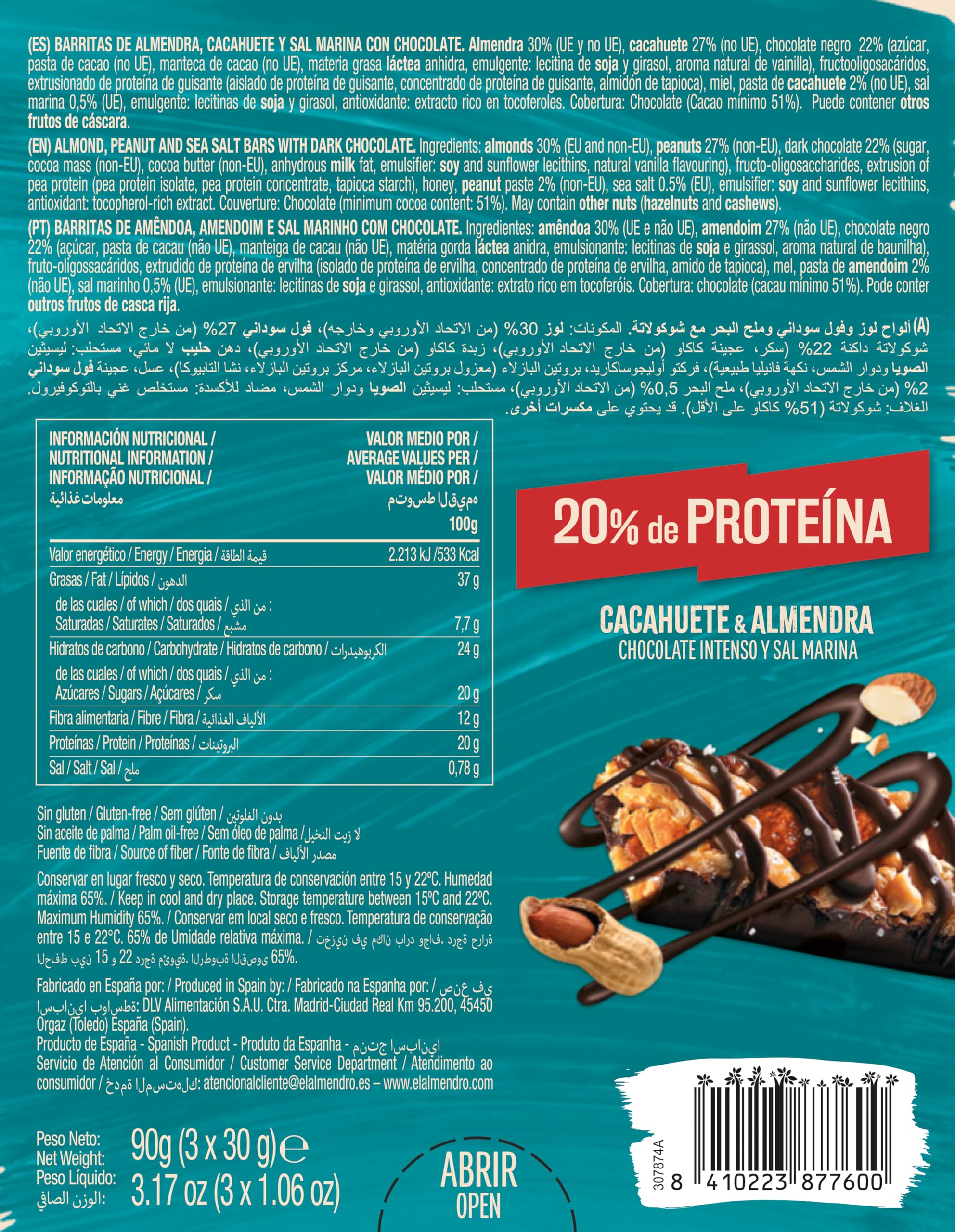 El Almendro, Barritas de Almendra, Cacahuetes y Chocolate, Barritas Energéticas, Barritas Proteicas, 3 porciones de 30 Gramos, 90 Gramos.