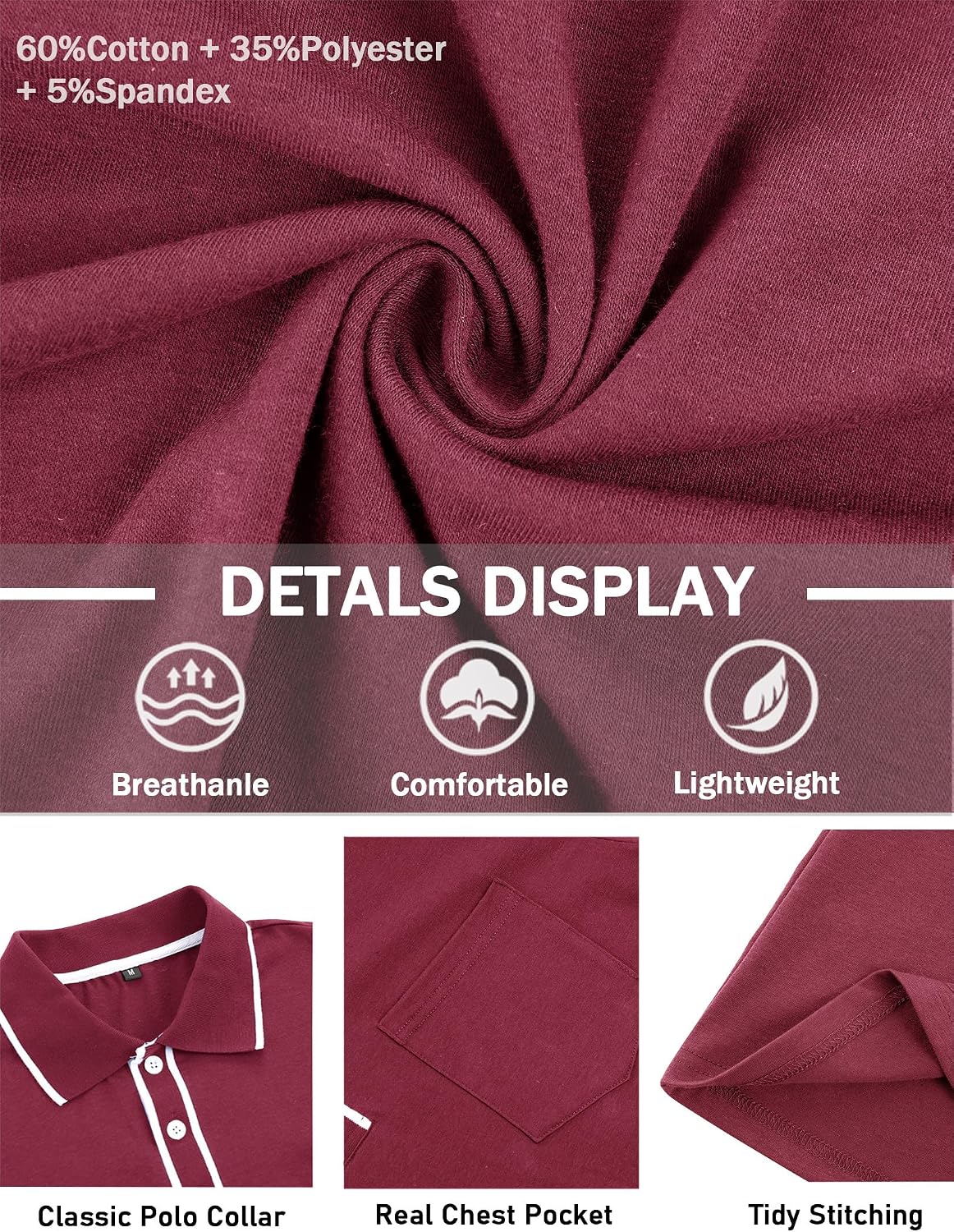 Mens Polo Shirts Long Sleeve Casual Stylish Collared Button Solid Color Golf T Shirts with Pocket