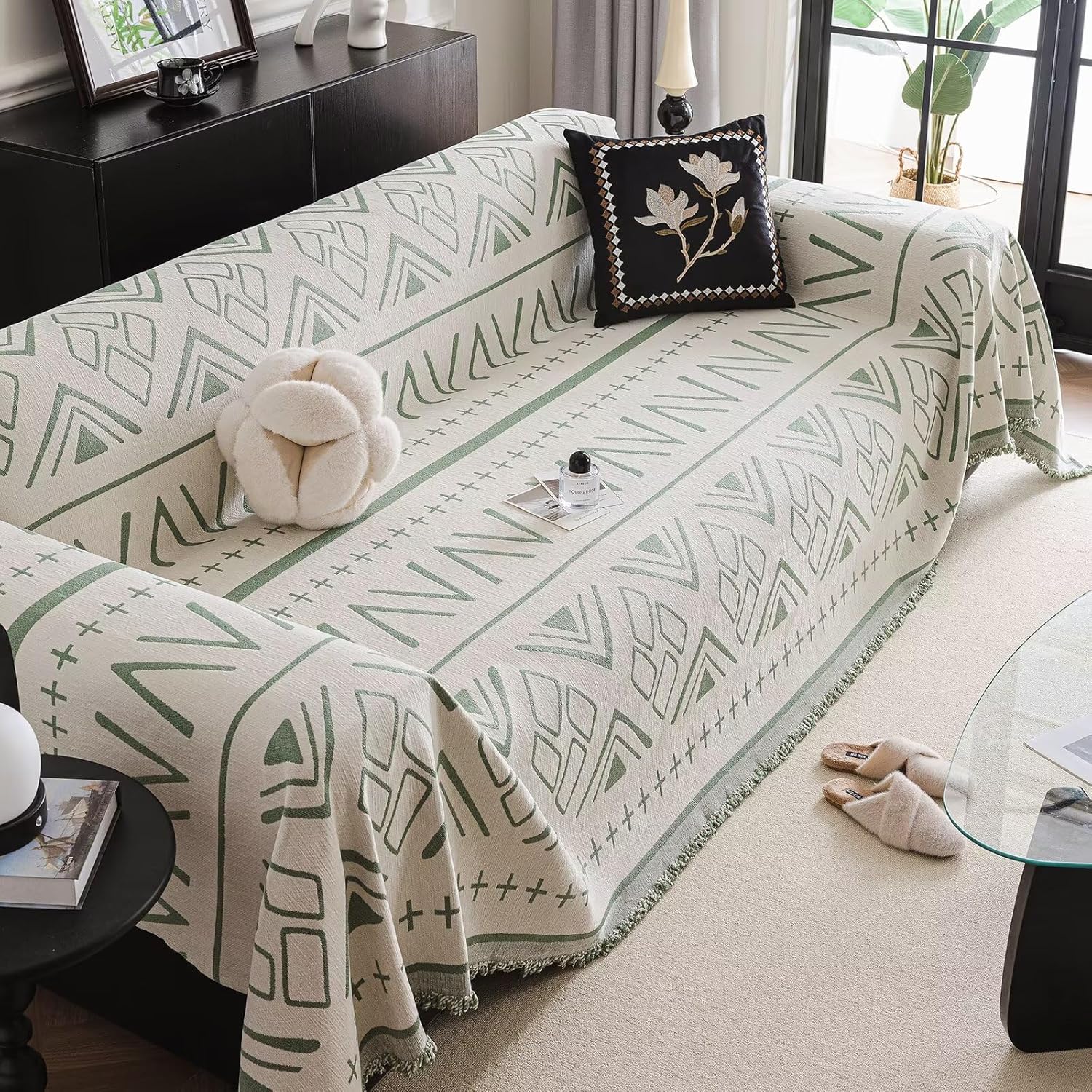 Soft Chenille Couch Cover for Dogs Washable,Extra Large Geometric Sofa Covers for 3 Cushion Couch,Pet Couch Slipcovers Protectors for Sofa,1 Piece All Season Cover Blanket Green 71"×134"
