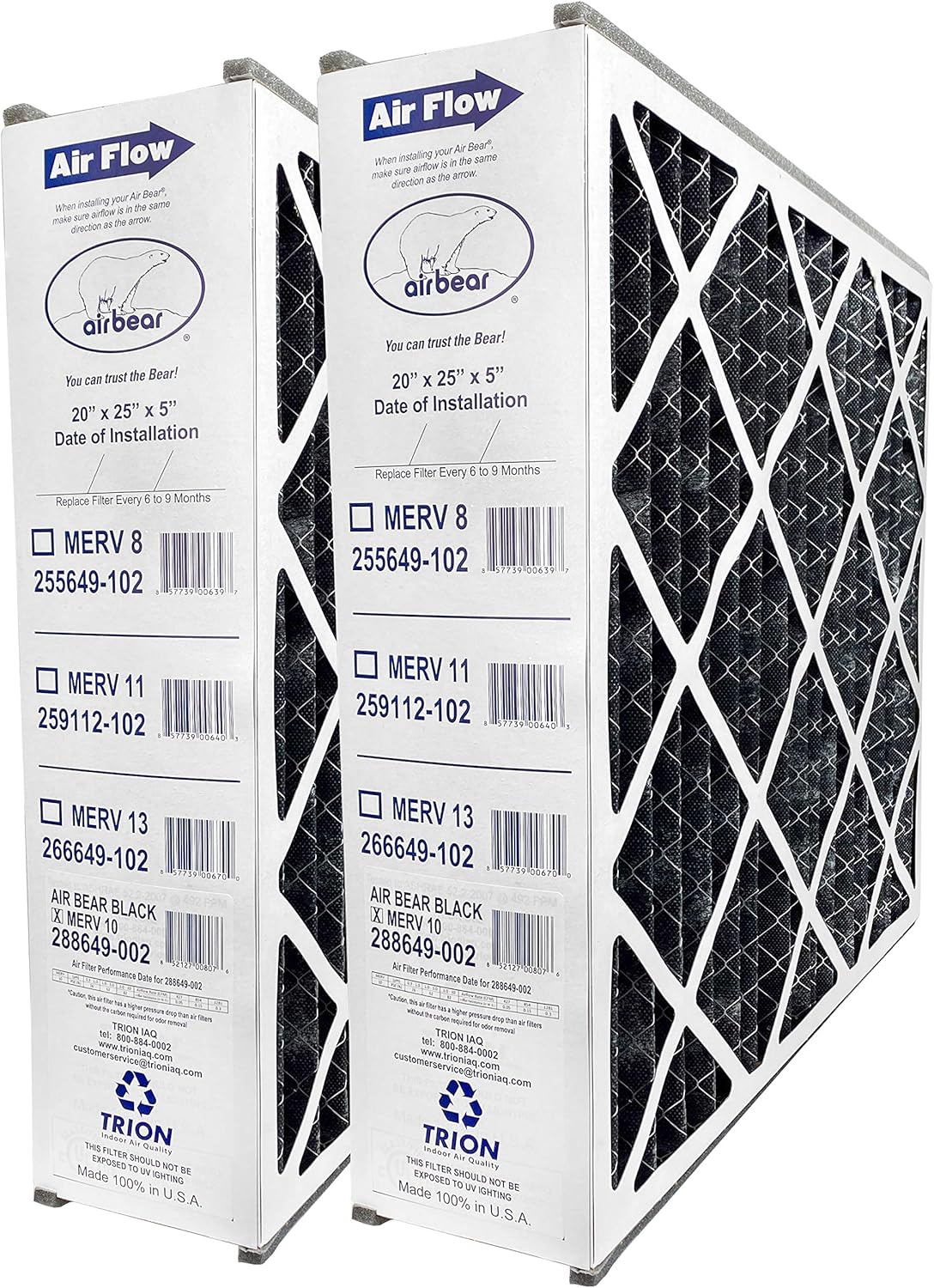 Trion Air Bear Black 288649-002 (2-Pack) - 20" x 25" x 5" Odor Reduction Carbon Filter, MERV 10