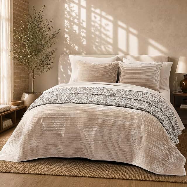 BLOOMHAVEN reversible taupe velvet quilt