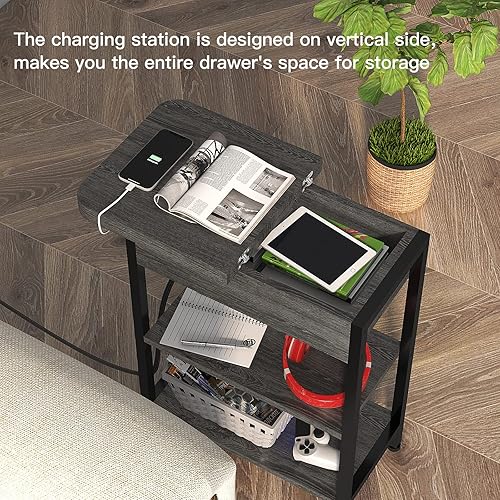 Miniatura 49 de LIDYUK Mesa auxiliar con estación de carga, juego de 2 mesas auxiliares estrechas para espacios pequeños, juego de 2 mesas de noche para dormitorio,