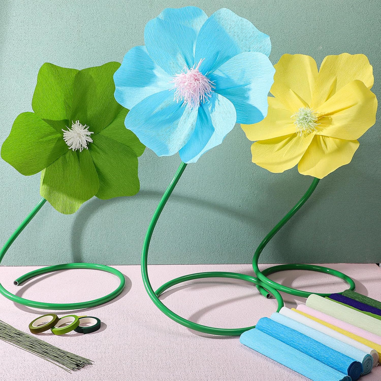 Gilprop 116 Pcs Crepe Paper Flower Stem DIY Kits Set, Include 9.8 x 98 in Crepe Paper Sheet 14.76 Ft Floral Iron Wire for Flower Making Birthday Parties Weddings Festival Decor(Blue) image 2