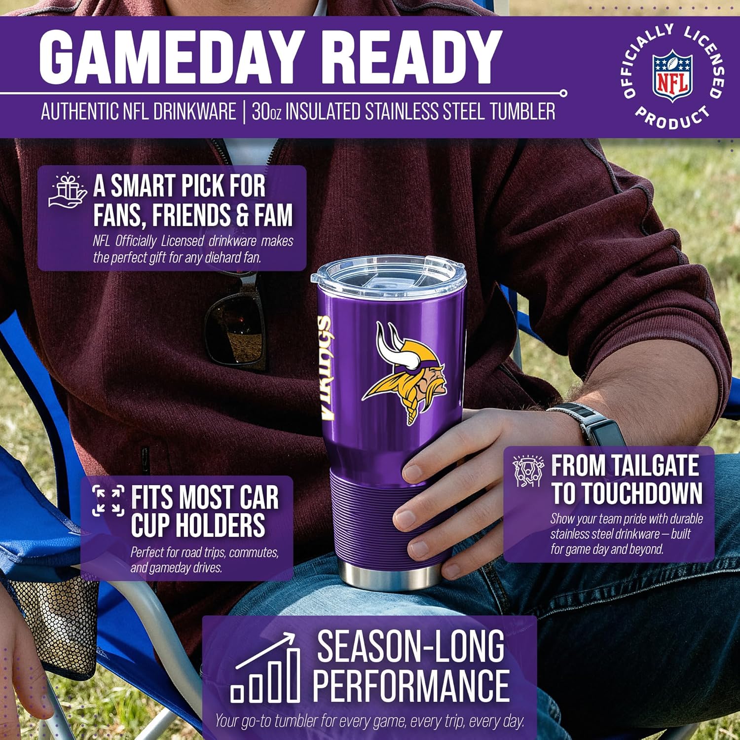 Team Fan Apparel NFL 30oz Gameday Stainless Steel Tumbler, Insulated For Hot & Cold, Slider Lid, Silicone Grip, Officially Licensed (Minnesota Vikings - Purple)