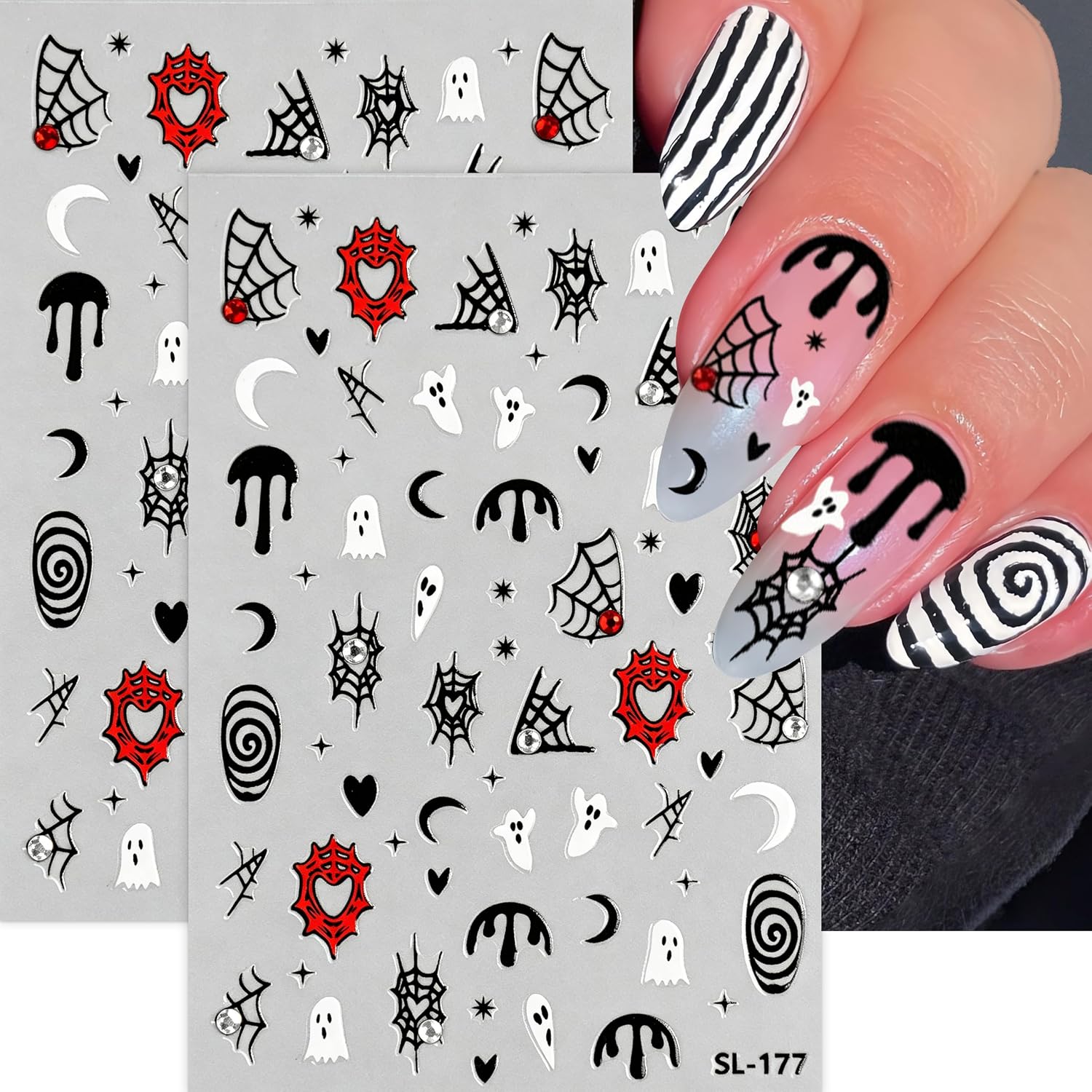 Halloween Nail Stickers 3D Self Adhesive Cute Ghost Black Spiderweb Nail Art Stickers Pumpkin Bat Skull Nail Decal Halloween Holiday Nails Decoration for Women Manicure Accessories 8 Sheets image 3