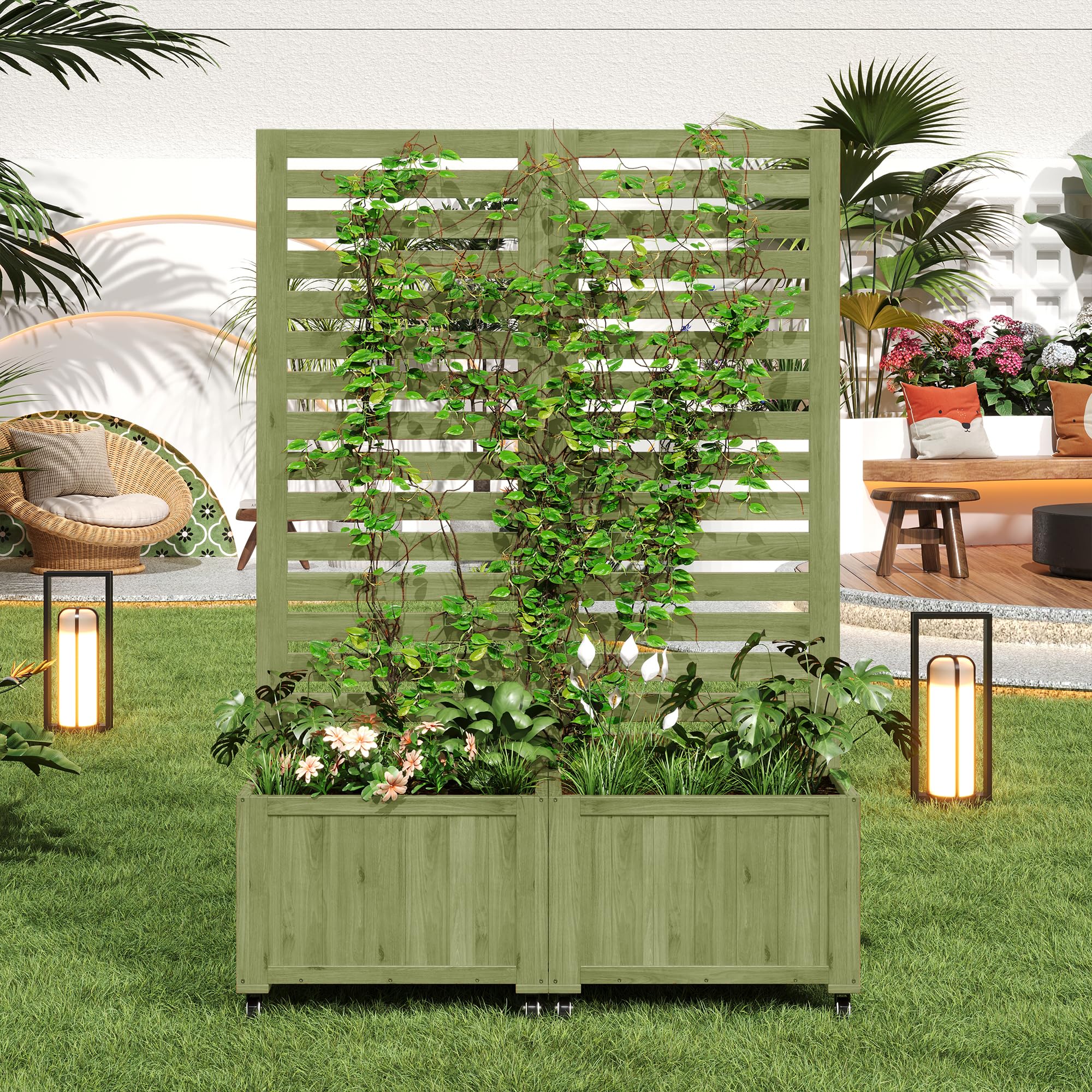 Merax Jardinière avec treillis, 2 grilles de jardin & 2 bacs à plantes, bois de sapin résistant aux intempéries, pliable, avec roues universelles, jardinière d’extérieur pour jardin, terrasse, cour