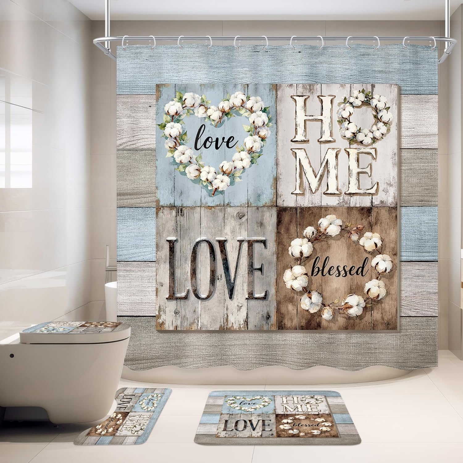 4 PCS Rustic Floral Flower Bathroom Set with Shower Curtain and Rugs 72Wx72H Inch Farmhouse Wood Plank Country Non-Slip Bath Rug Toilet Lid Cover U Shape Mat Accessories 12 Hooks Bathoom Decor