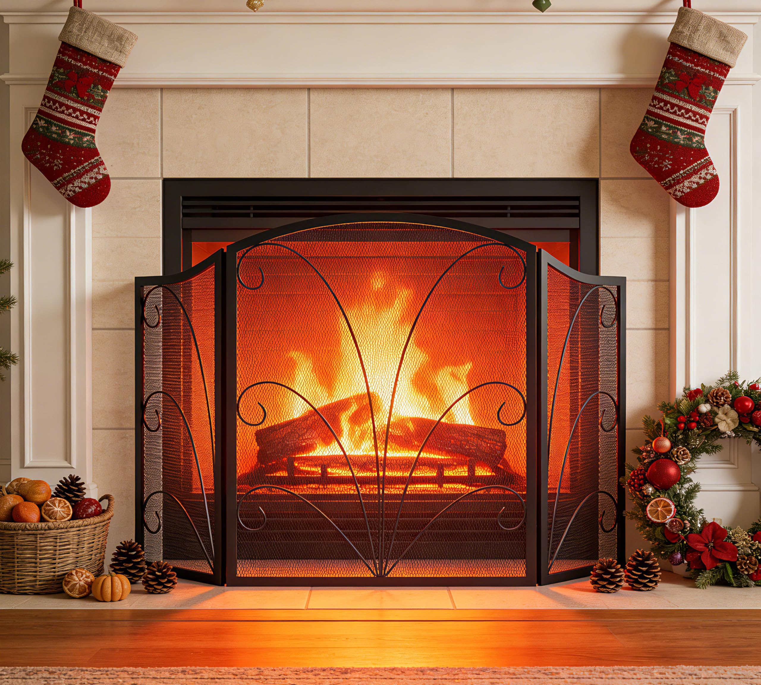 Kingson 3-Panel Arched Fireplace Screen Decorative, Handcrafted Scroll Wrought Iron Fireplace Spark Guard Cover - Black