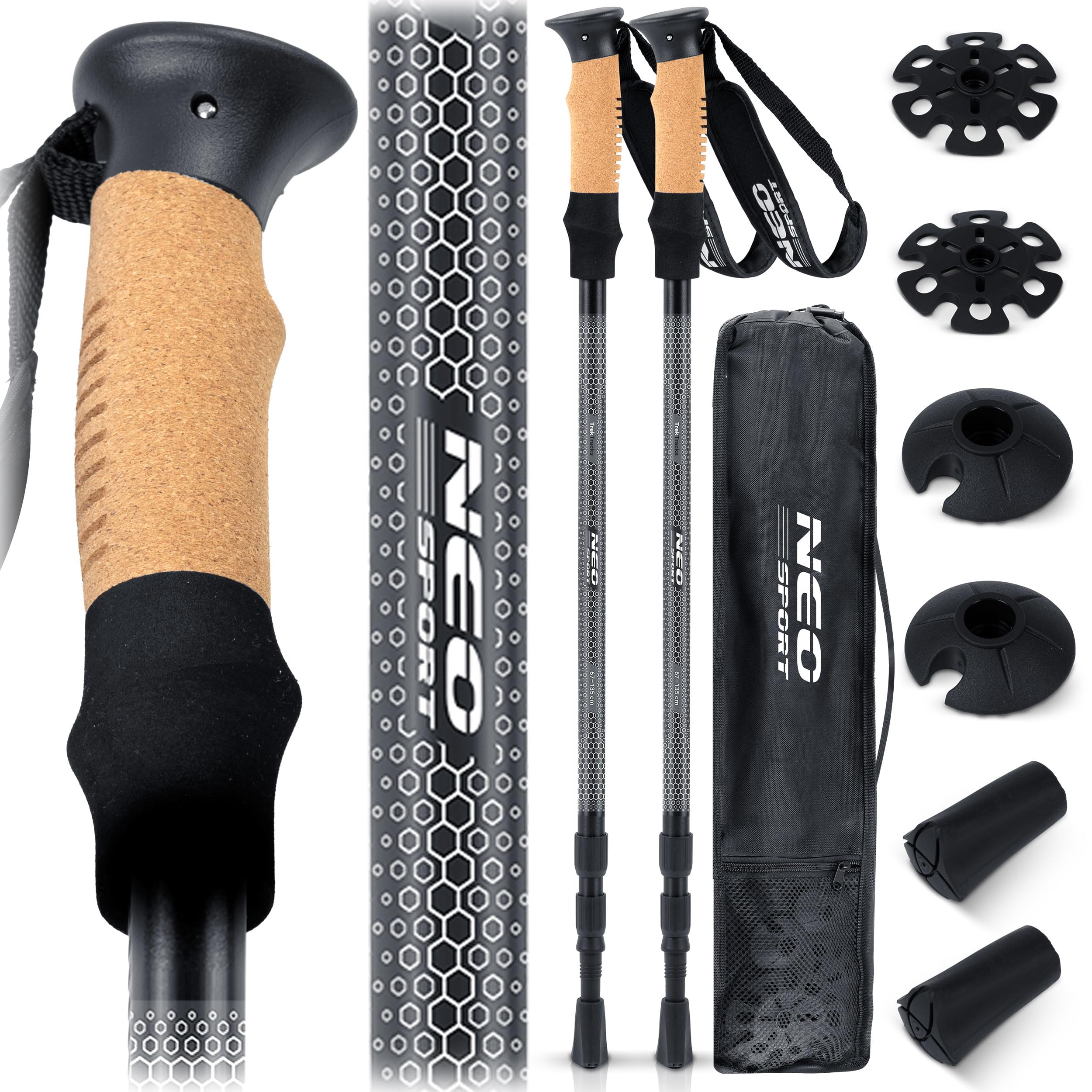 Neo-Sport Bastoncini da Trekking per Camminare Nordic Walking Regolabile 65-135 cm Manico in Sughero in Alluminio 1 Paio Nero
