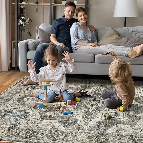 Miniatura 6 de Alfombra de área de 5 x 7 pulgadas, lavable a máquina, alfombra grande para dormitorio, estampado floral bohemio, envejecida con parte trasera