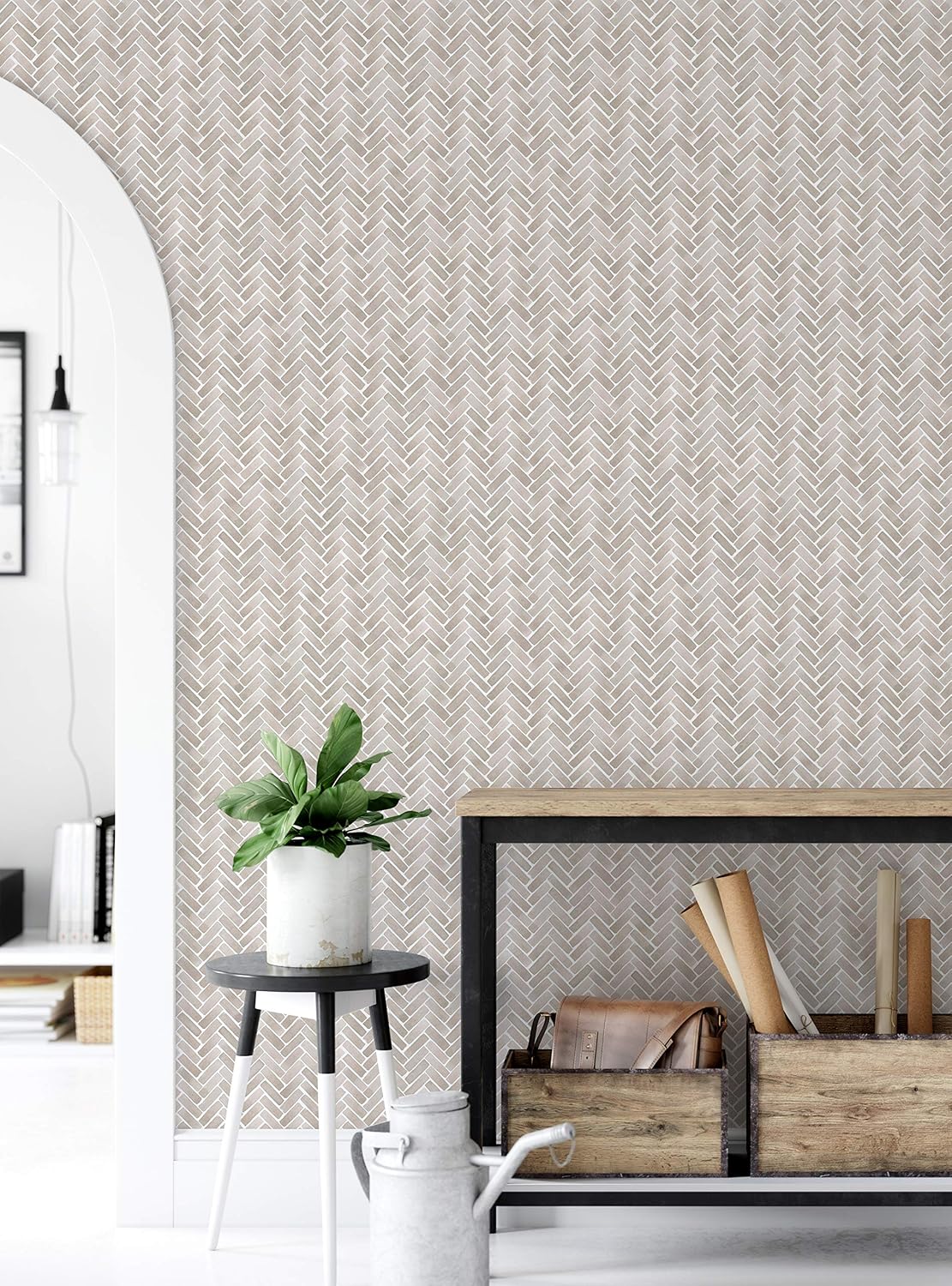 Simple Shapes Watercolor Herringbone Wallpaper - Peel and Stick (Single Sheet - 2ft x 9ft, Beige Grey)