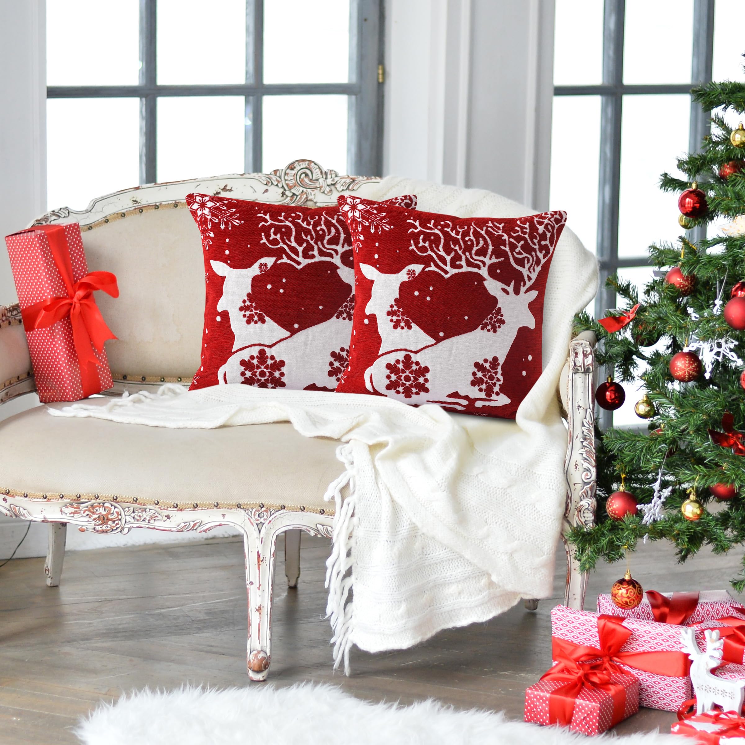 La Maison Christmas Soft Cotton Chenille Tapestry Cushion Cover Xmas Festive Scatter Cushions Nordic Santa Reindeer Stag Snowman (Elegant Stags, 2 x Cushion Covers)