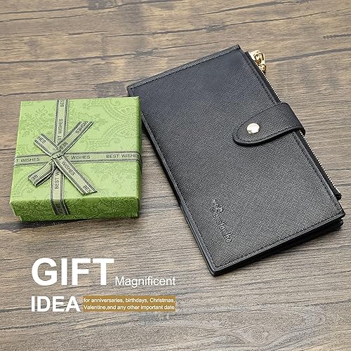 Miniatura 8 de Travelambo Billetera para mujer con bloqueo RFID plegable para múltiples tarjetas con bolsillo con cremallera, Negro -, Minimalista