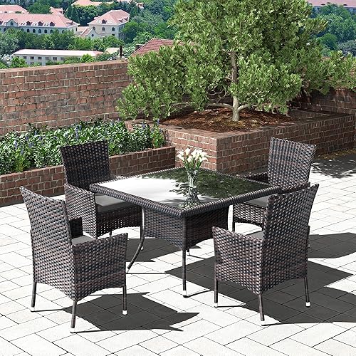 Miniatura 21 de Juego de 10 piezas de comedor para patio al aire libre, mesa de patio y sillas de ratán con agujero para paraguas, juego de mesa de comedor para 8