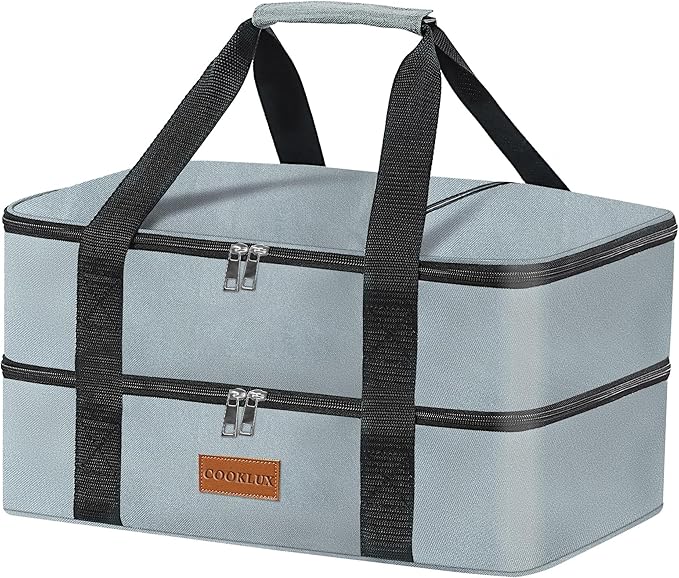Insulated Casserole Carrier - Double Decker Design, Food Warmer Bag for Hot&Cold Food Travel, Fits 9x13 Casserole Dish, Leak-Proof, Durable Nylon, Zip Pockets, Grey