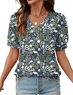 Womens Summer Tops Puff Short Sleeve Shirts V Neck Blouses Business Casual Tunic Spring Fashion Clothes 2026