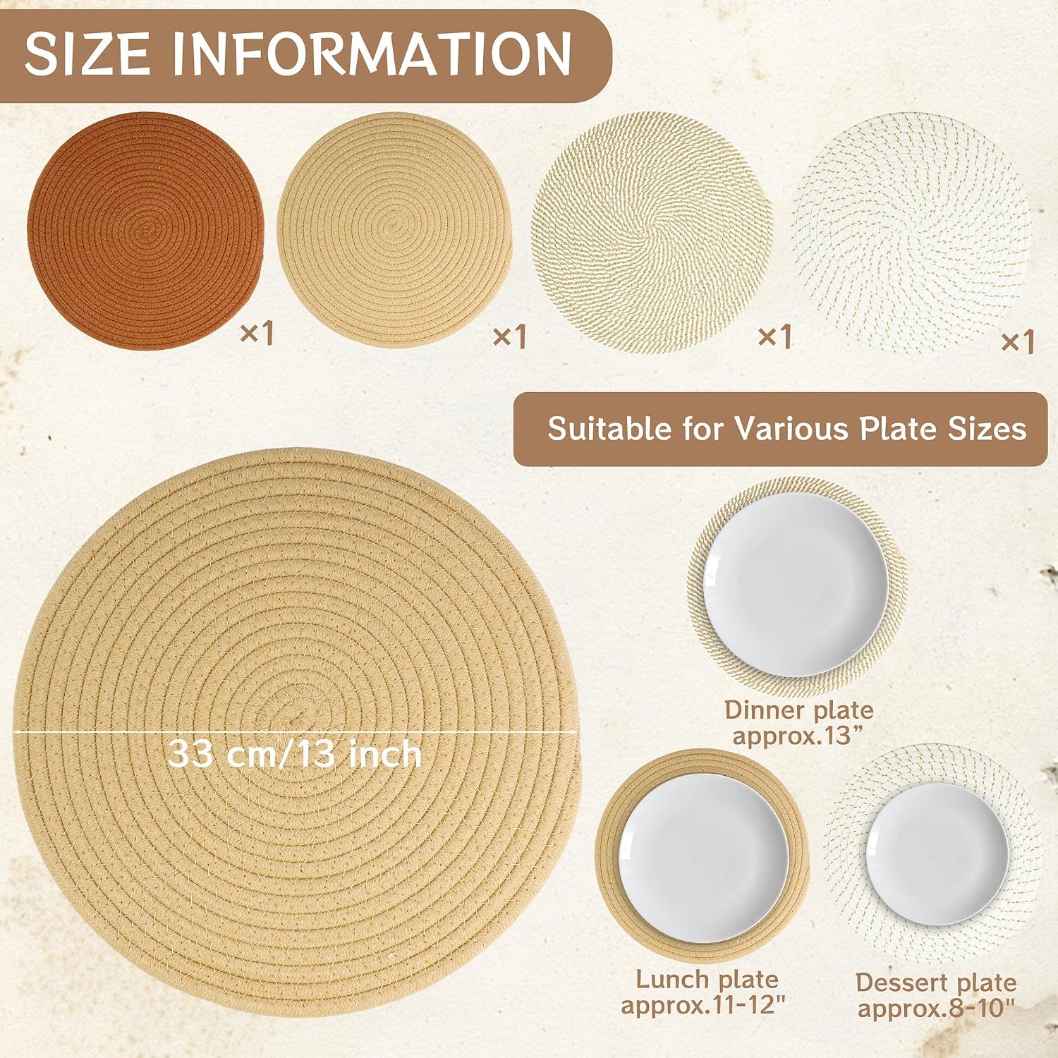 Kochorie Round Woven Placemats Set of 4,13 Inch Boho Placemats Table Mats Cotton Washable Trivets for Kitchen Dining Farmhouse Fall Thanksgiving Christmas Decoration Place Mat (Mixed Brown)