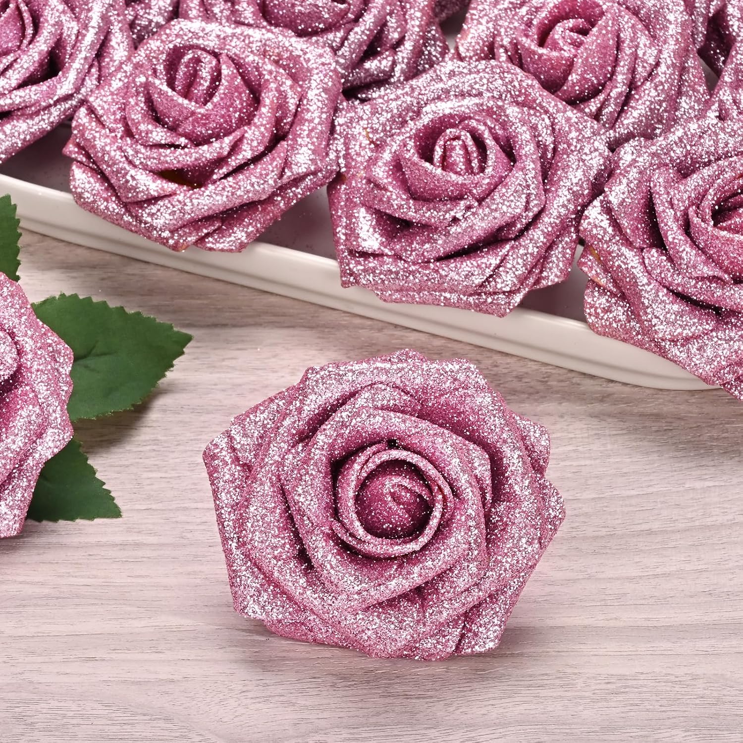 BLEUM CADE 16Pcs Artificial Flowers Fake Roses with Stems, Pink Glitter Boxed Foam Roses for DIY Bouquets Centerpieces Wedding Party Arrangement Bridal Shower Decor - Image 2