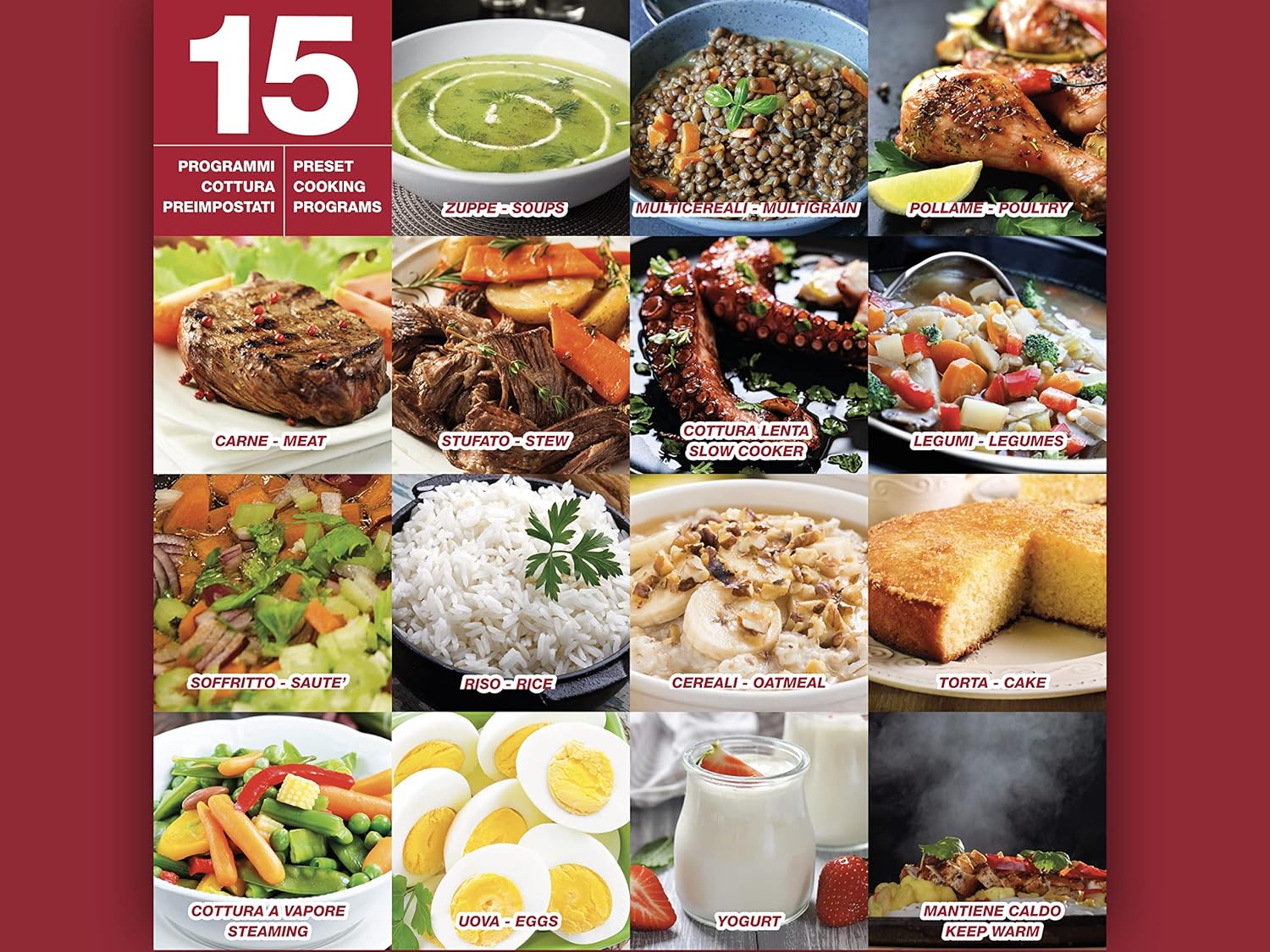 Graphic showing 15 preset cooking programs