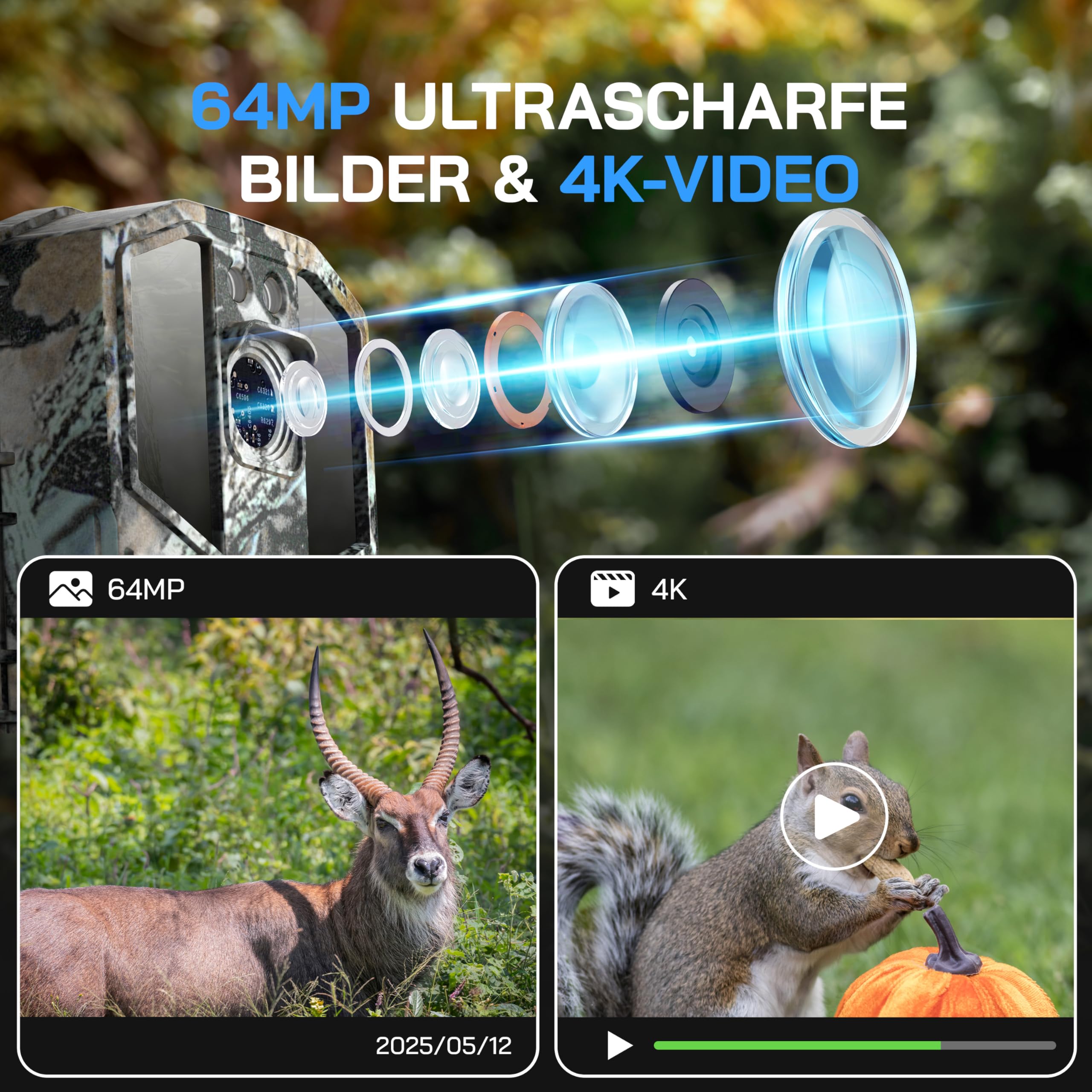 WOLFANG Wildkamera 4K HD, 64MP Full HD WLAN Wildtierkamera mit App, Jagdkamera mit Nachtsicht, Bewegungssensor, IP66 Wasserdicht, 0,1s Auslösezeit für Wildtieraufnahmen