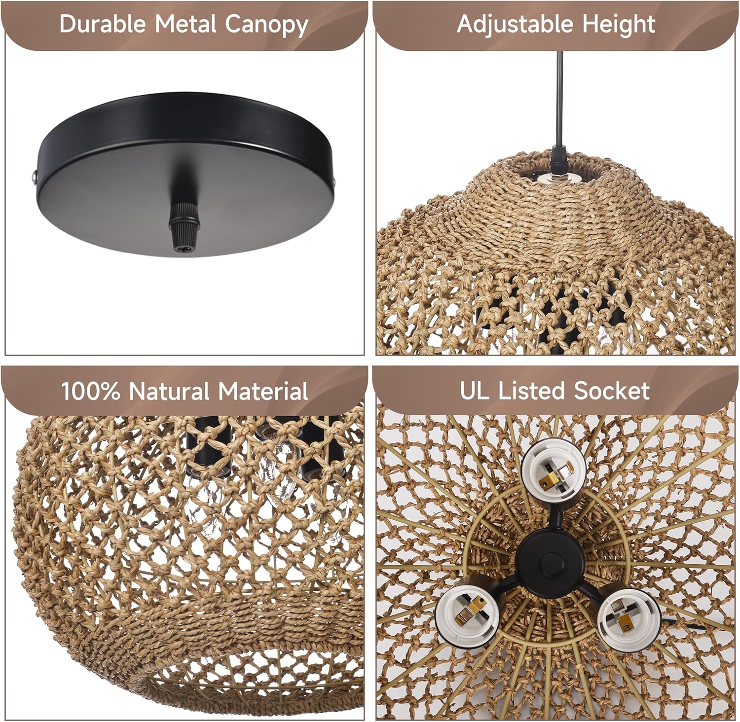 3-Light Boho Rattan Chandelier Light Fixture, 16.5" Hand Woven Rustic Chandeliers Farmhouse Chandelier Hanging Light for Dining Room Kitchen Island, Living Room, Foyer