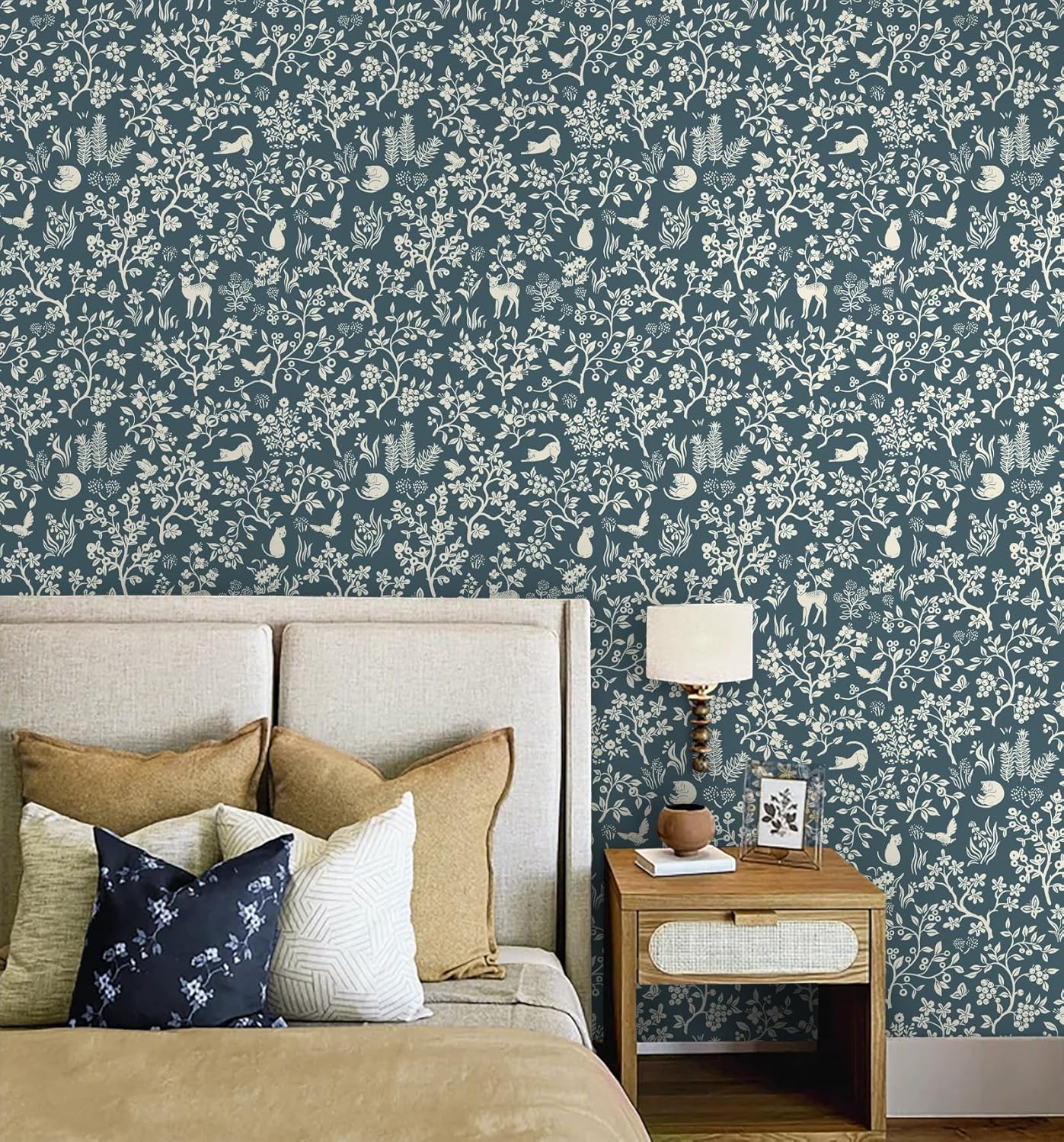 HeloHo Peel and Stick Wallpaper Dark Blue Floral Contact Paper Boho Self Adhesive Removable Wall Paper Cats/Birds/Trees Waterproof Decoration Wallpaper for Bedroom Cabinets 16.1" X 394"